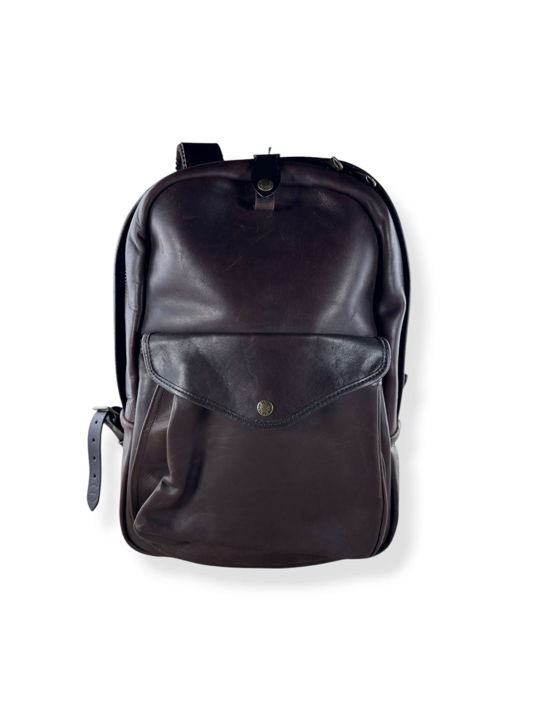 Front of Filson Weatherproof Sierra Brown Leather Journeyman Backpack