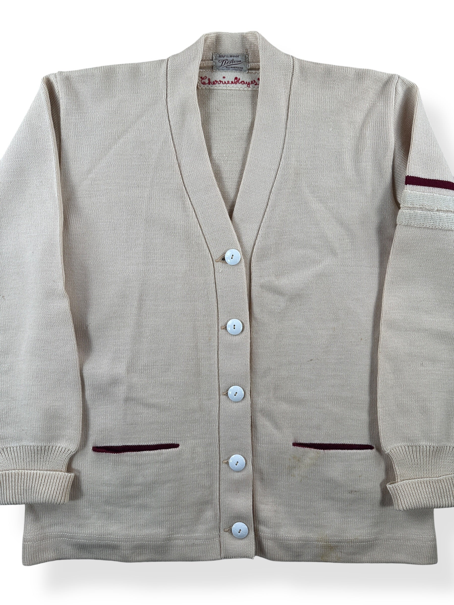 Front Close Up of Vintage Cherrie Hayes Dehen Wool Varsity Sweater SZ M