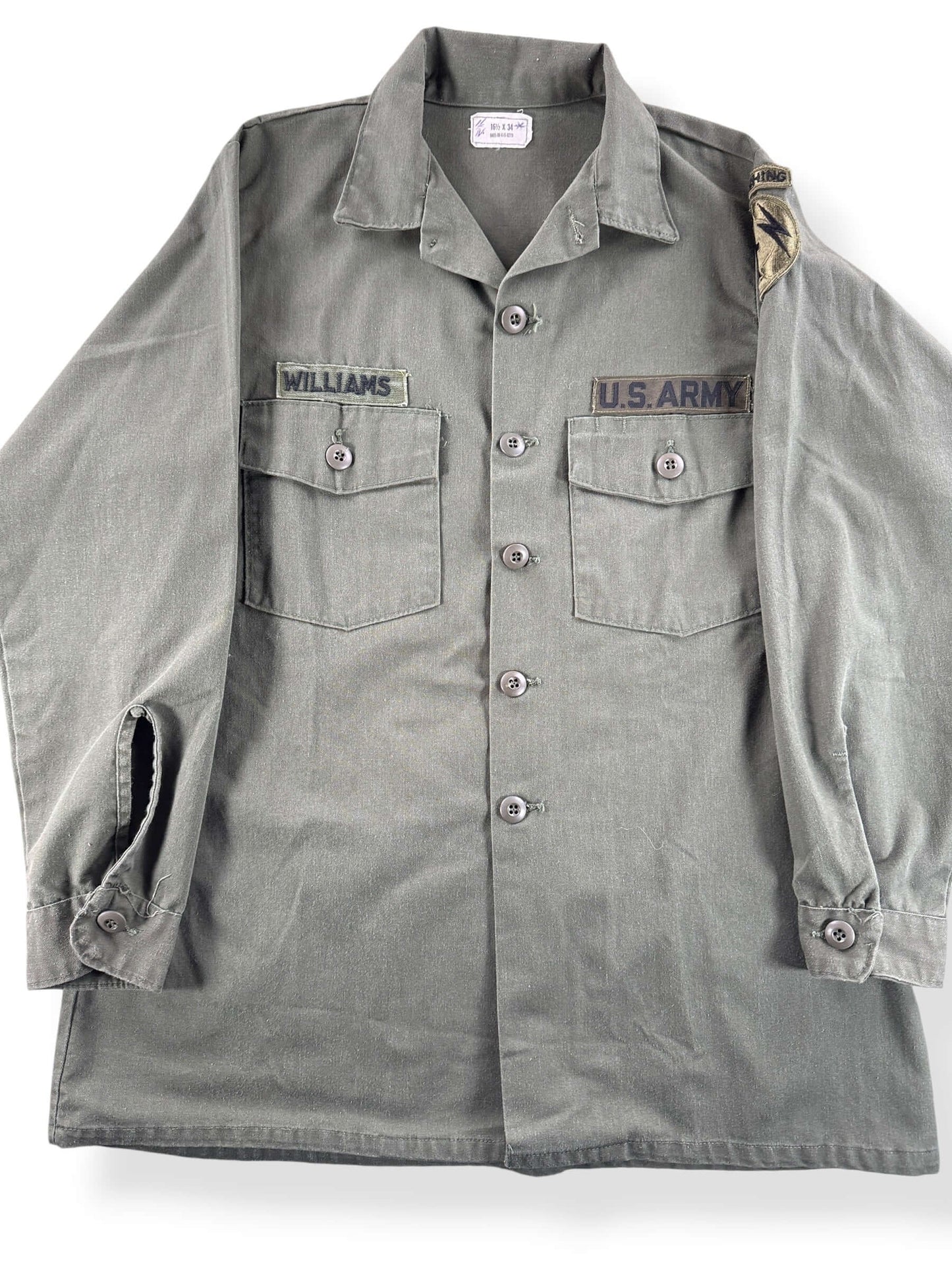 Front Close Up of Vintage Named OG-507 US Army Shirt SZ L