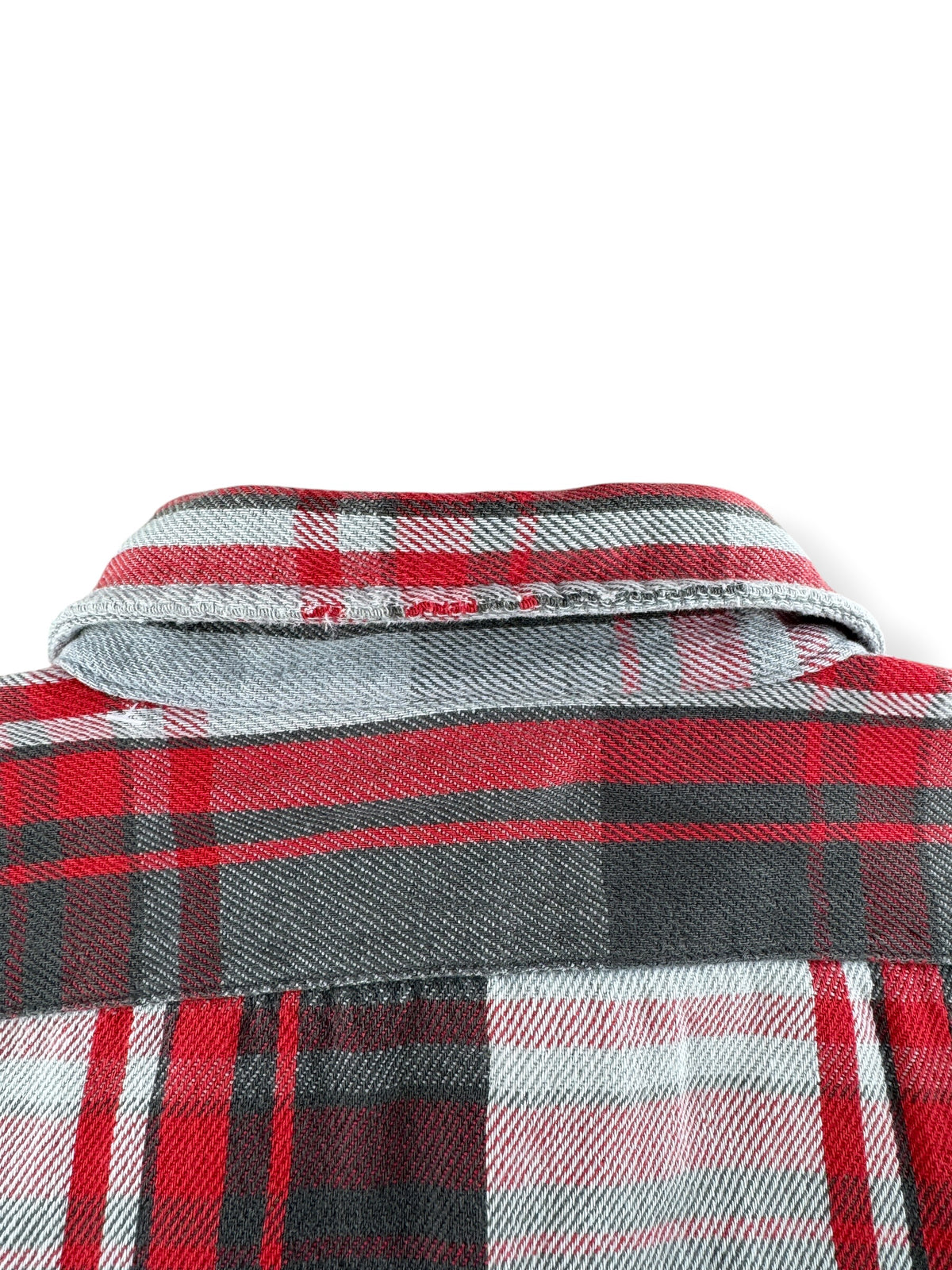 Ware on back of collar of Vintage Five Brothers Red & Grey Cotton Flannel SZ XL