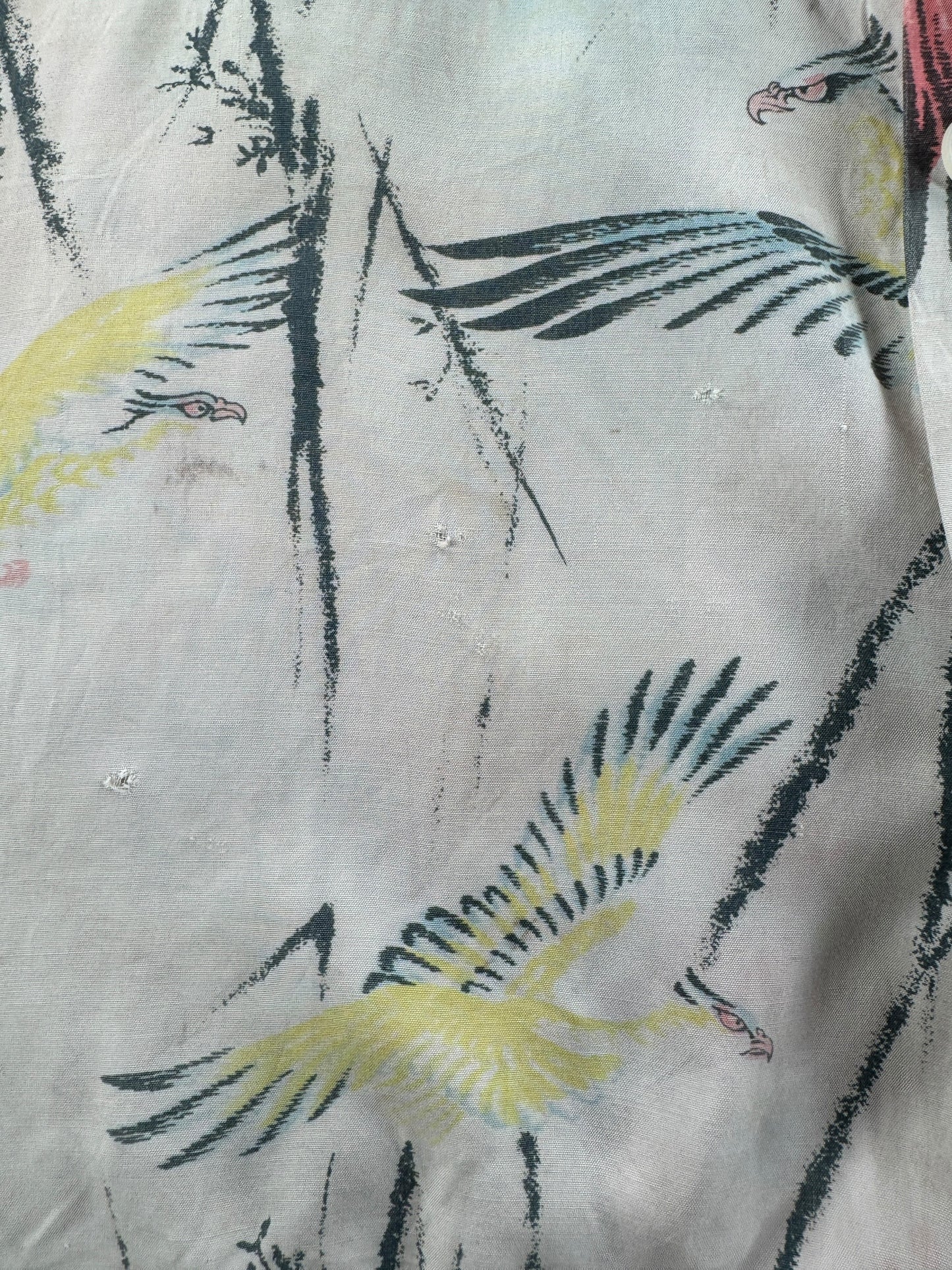 Holes on Vintage Penney's Pink Flamingoes Rayon Aloha Shirt SZ M - AS IS