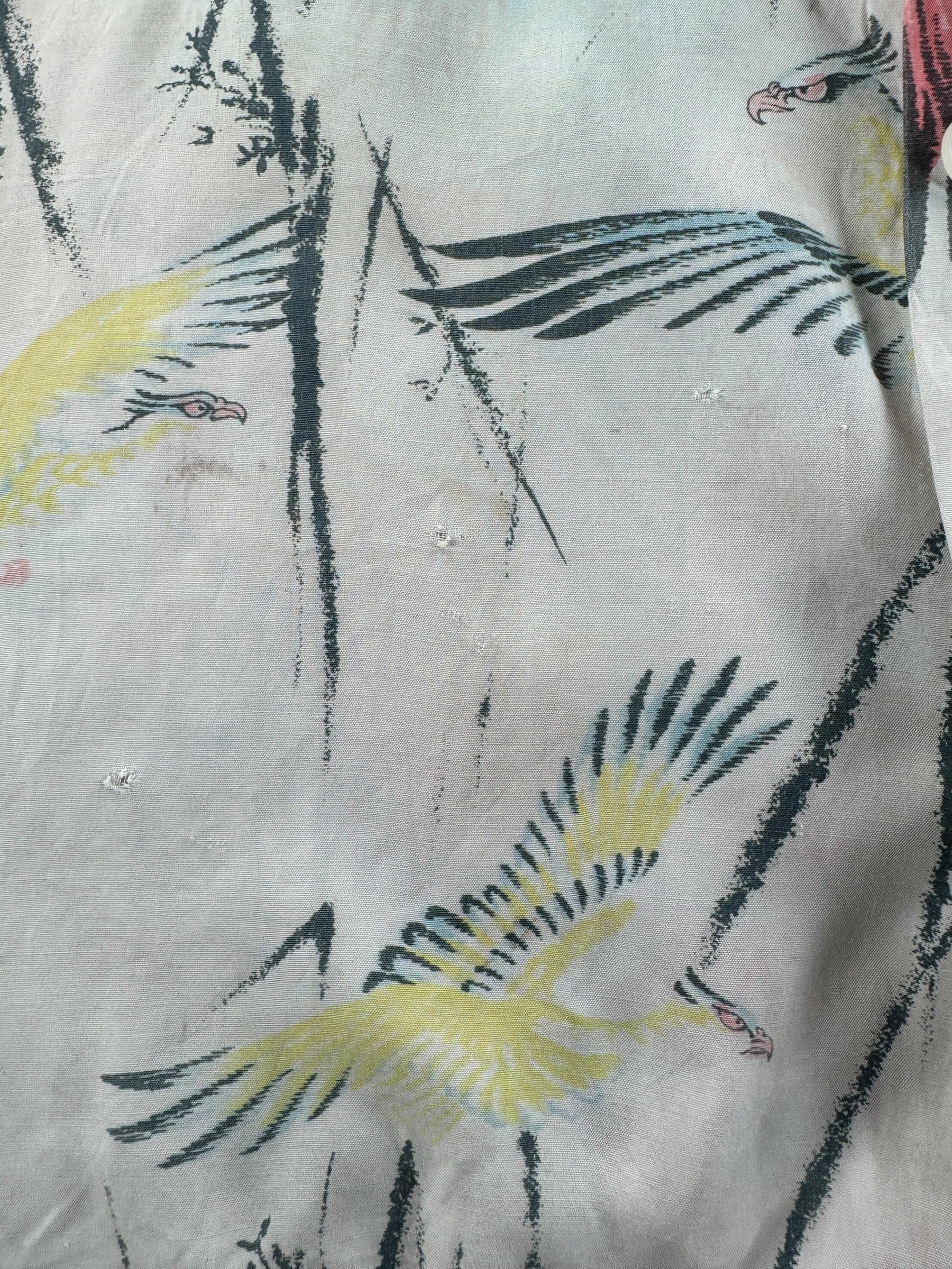 Holes on Vintage Penney's Pink Flamingoes Rayon Aloha Shirt SZ M - AS IS