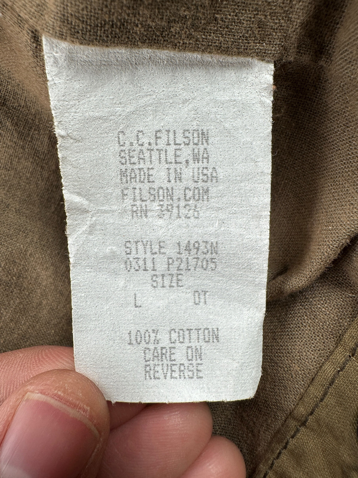 Info tag n Filson 2000s Era Tin Cloth 1493N Jacket SZ L