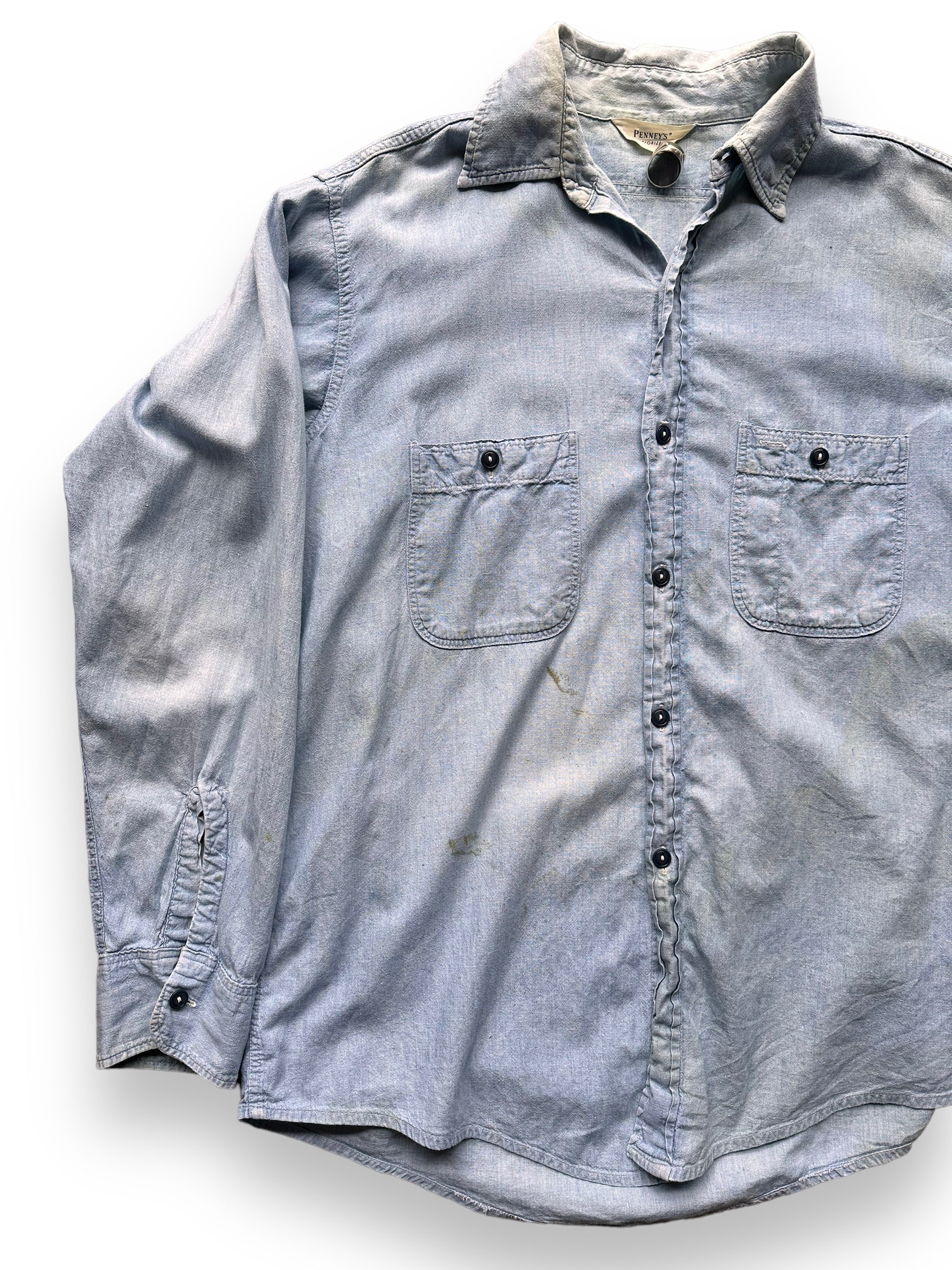 Front Right View of Vintage Penney's 100% Cotton Chambray Shirt SZ L | Vintage Chambray Work Shirt Seattle | Vintage Clothing Seattle