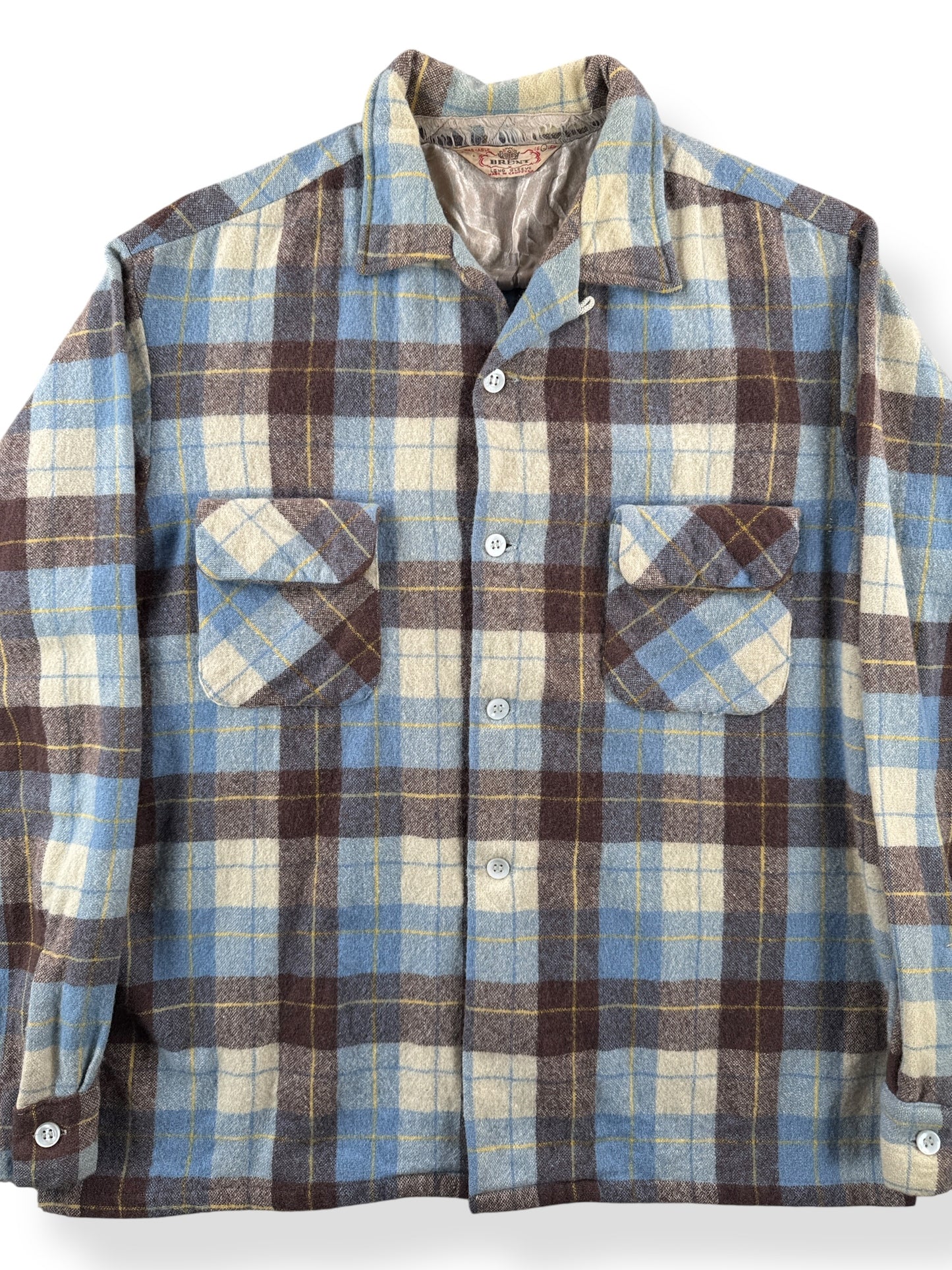 Front Close Up of Vintage 1950s Brent Wool Board Shirt SZ 16 - 16 1/2 (Fits S/M)