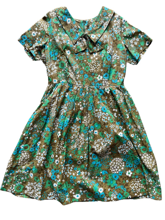 Front view of 1960s Green Floral Babydoll Dress L