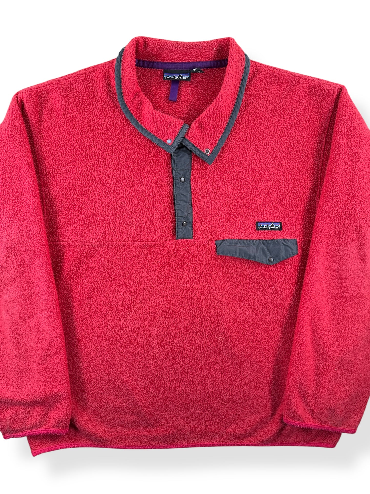 Front Close Up of Vintage Red MIUSA Patagonia Synchilla SZ XL