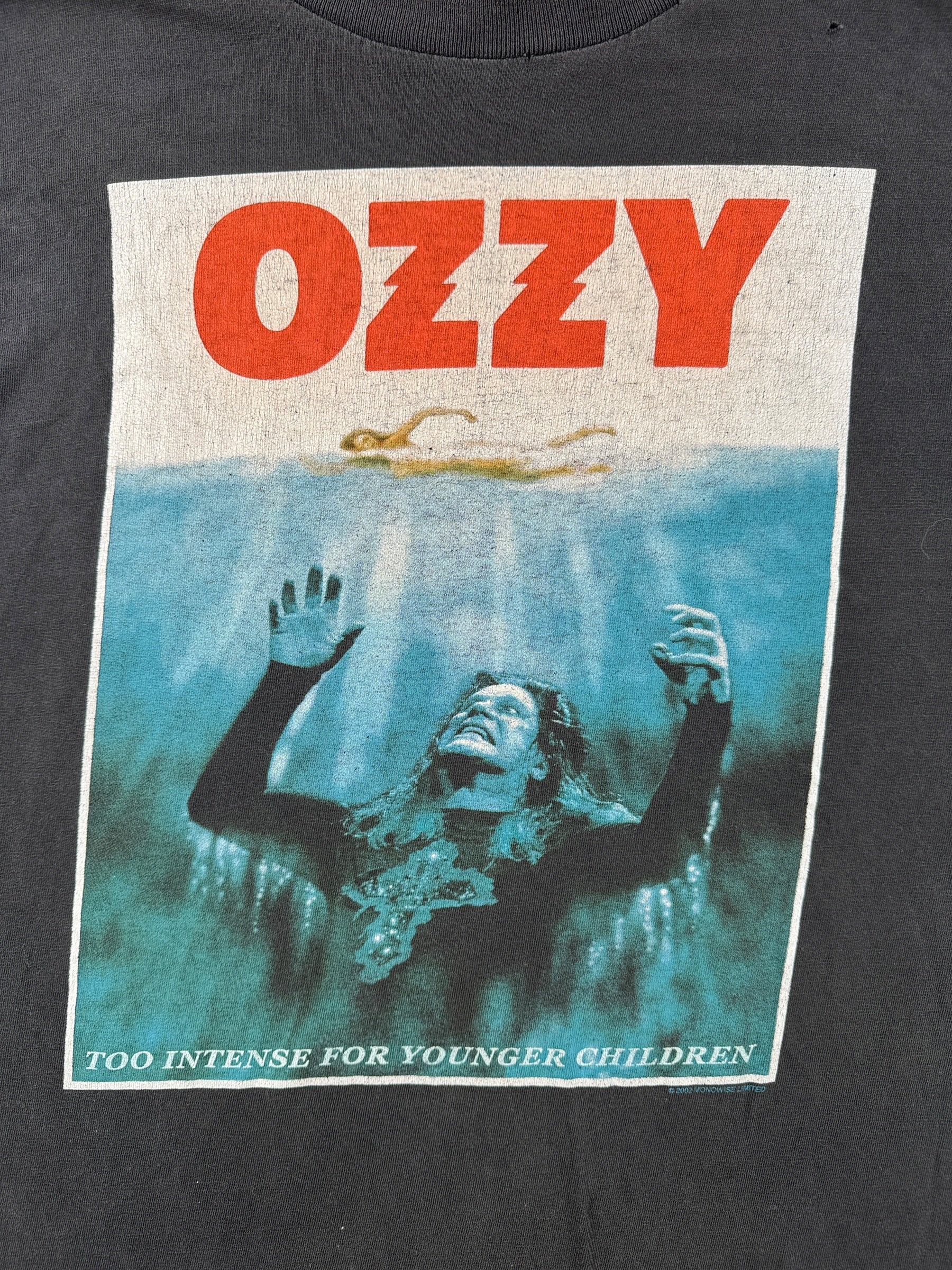 Front graphic on Vintage 2002 Distressed Ozzy Jaws Tee SZ L