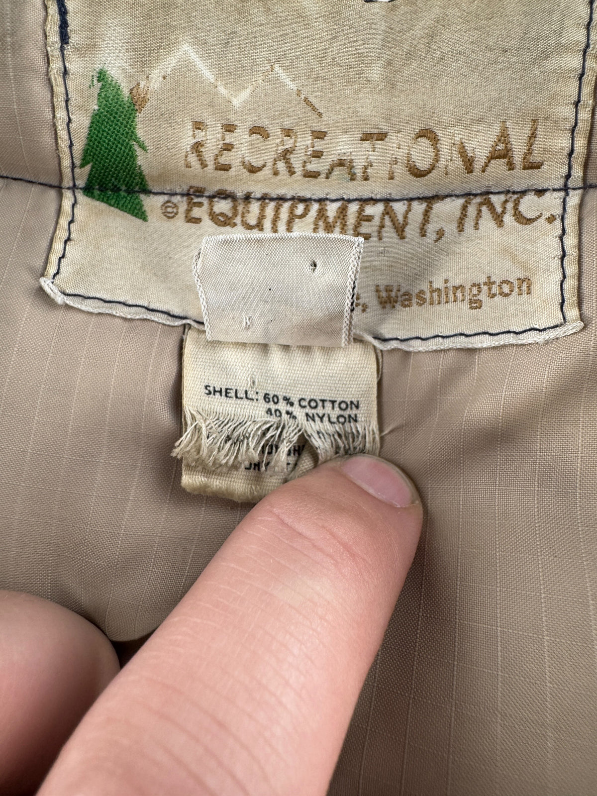 Tags on Vintage 80’s REI Down Jacket SZ L