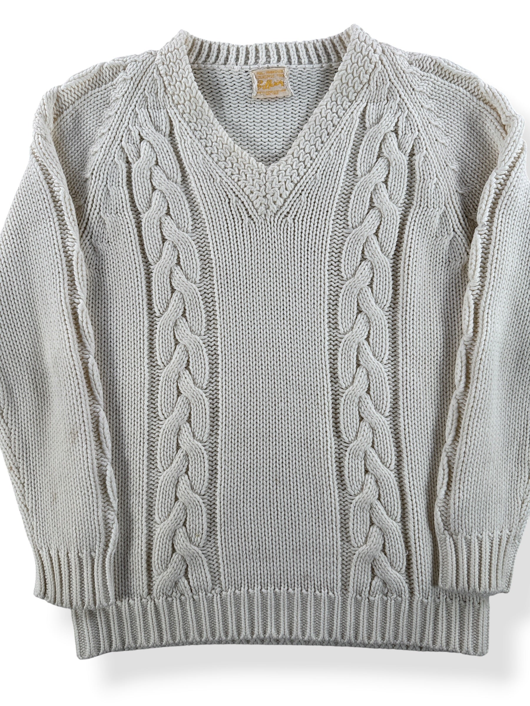 Front Close Up of Vintage Acrylic Cableknit V Neck Sweater SZ XS
