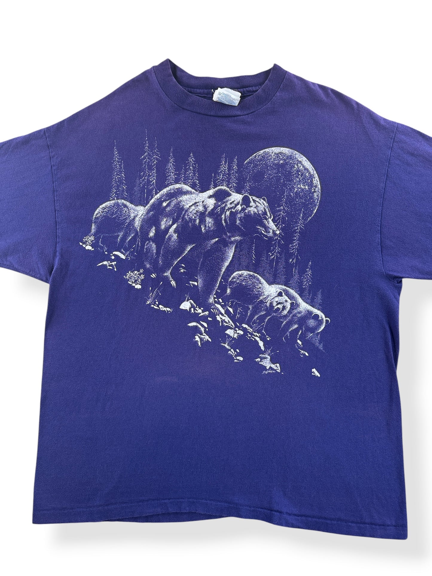 Front Close Up of Vintage Purple Bear Print Tee SZ XL