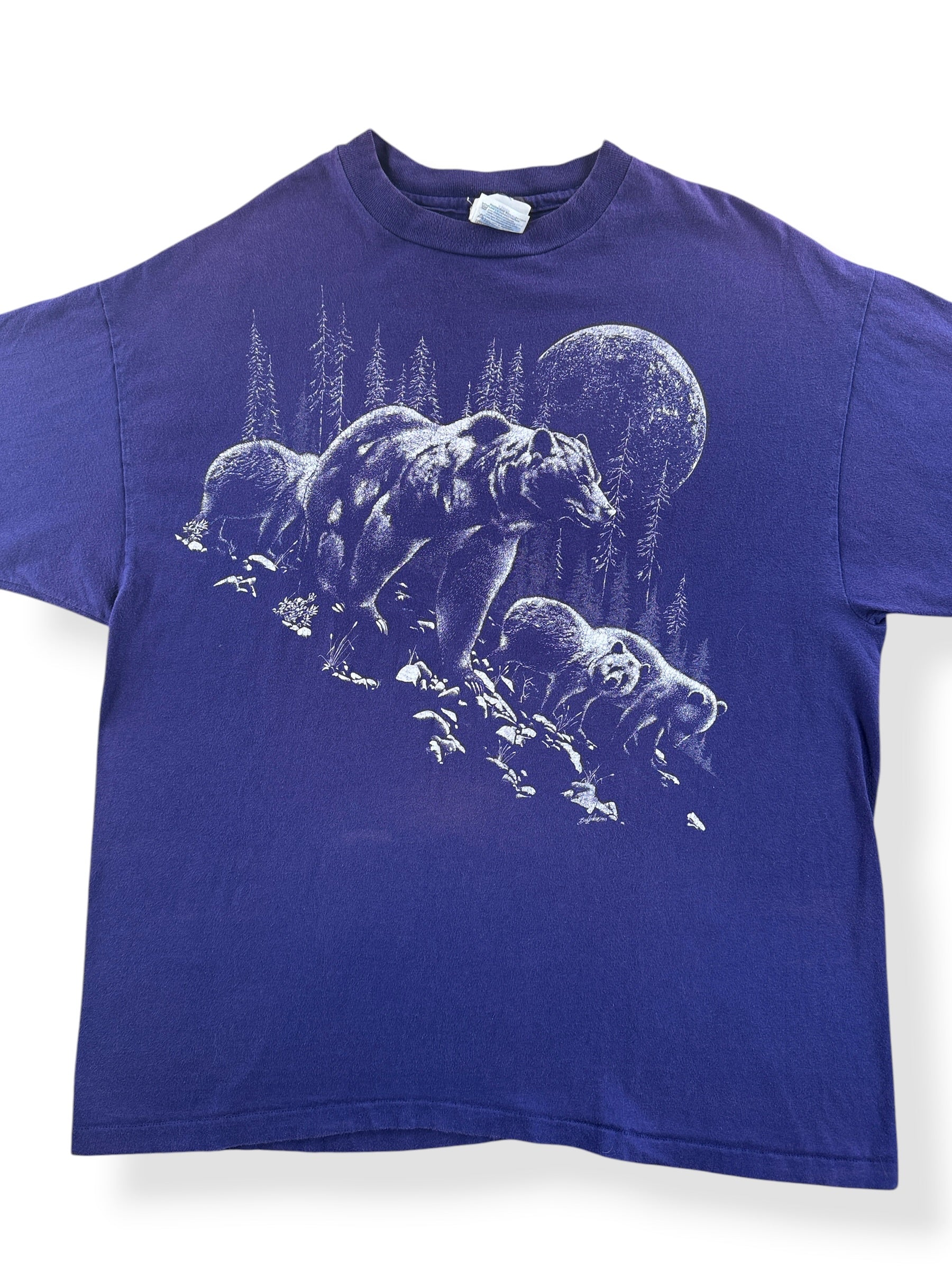 Front Close Up of Vintage Purple Bear Print Tee SZ XL
