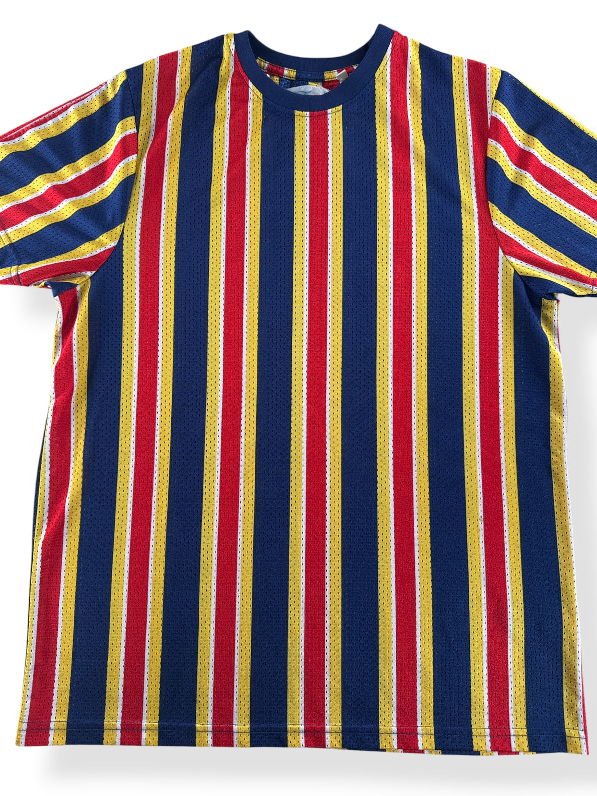 Front Close Up of Vintage Striped Mesh Jersey SZ M