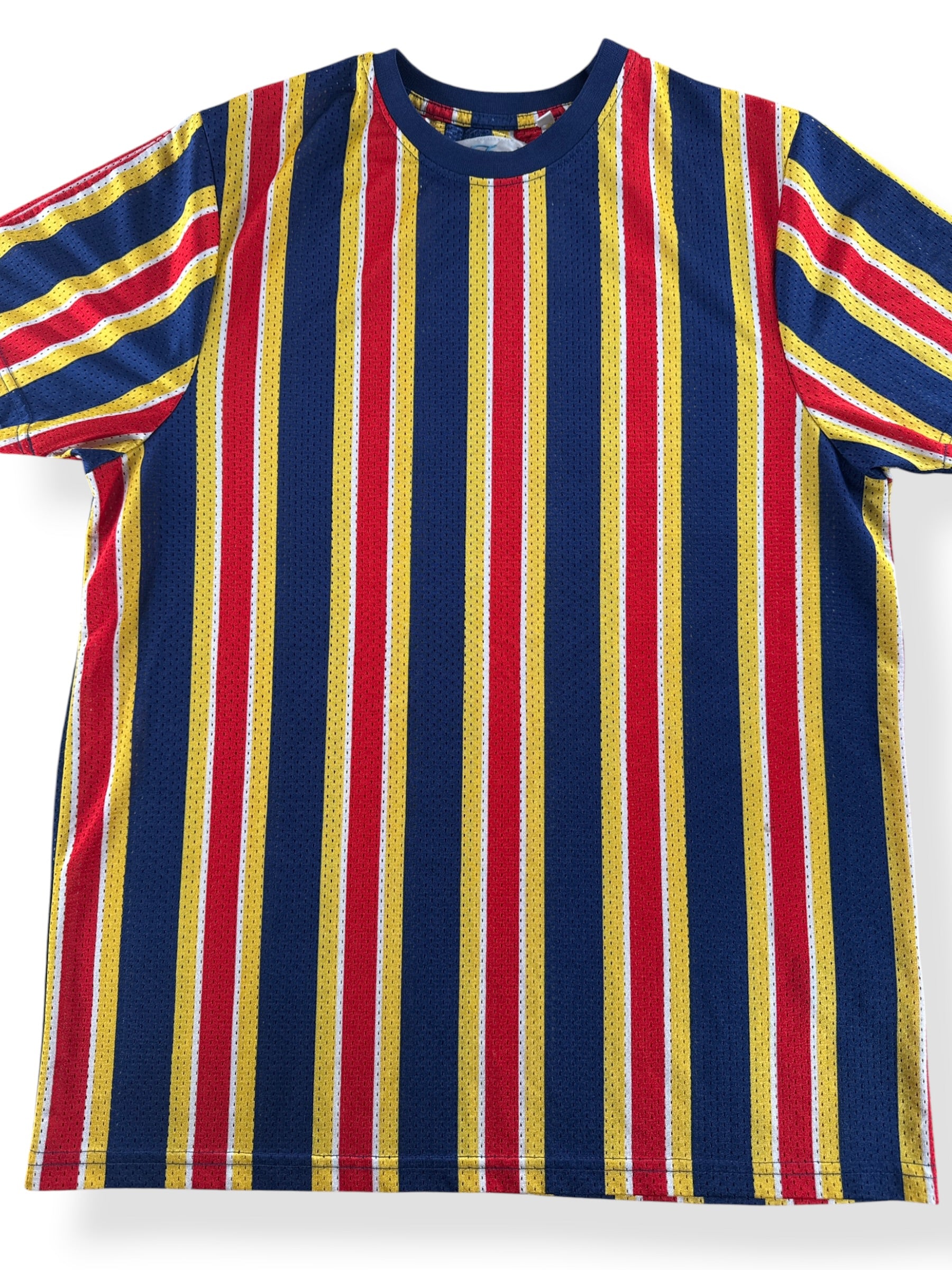 Front Close Up of Vintage Striped Mesh Jersey SZ M