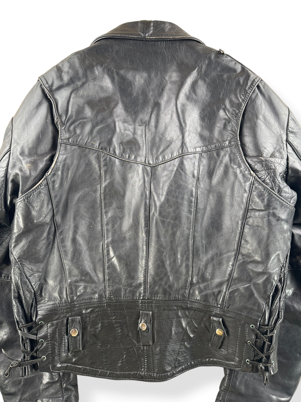 Close-up of back of Vintage Made in Mexico Leather Biker Jacket SZ 48
