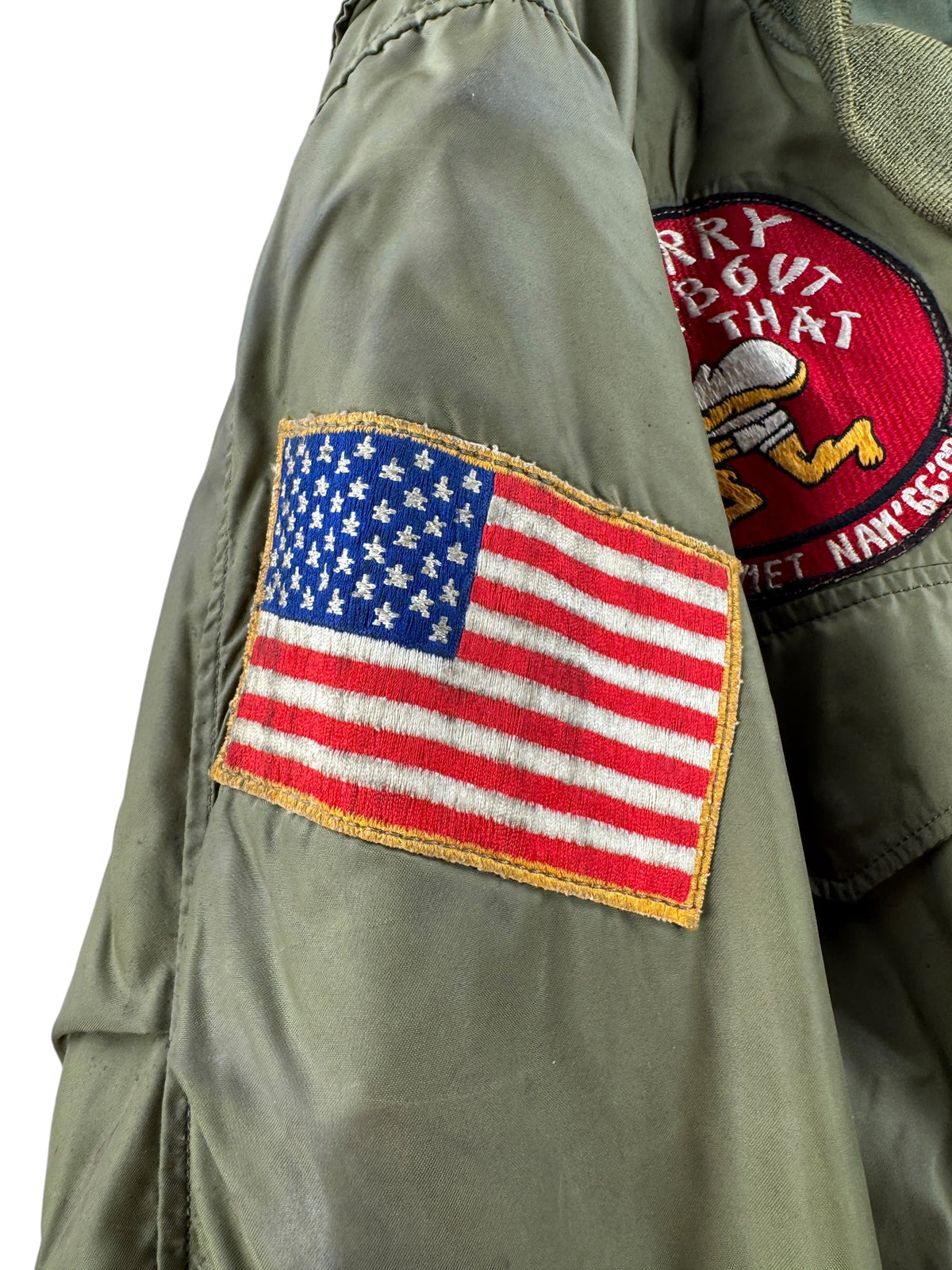 Flag patch on sleeve of Vintage Vietnam Winter Flyers Jacket w/ Patches SZ 46