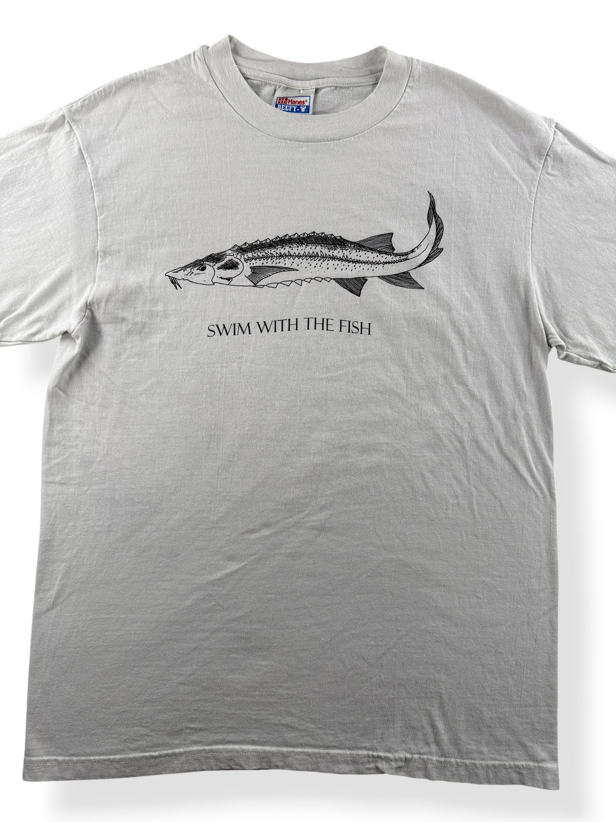 Front Close Up of Vintage 90s Swim With The Fish Fish Tee SZ M