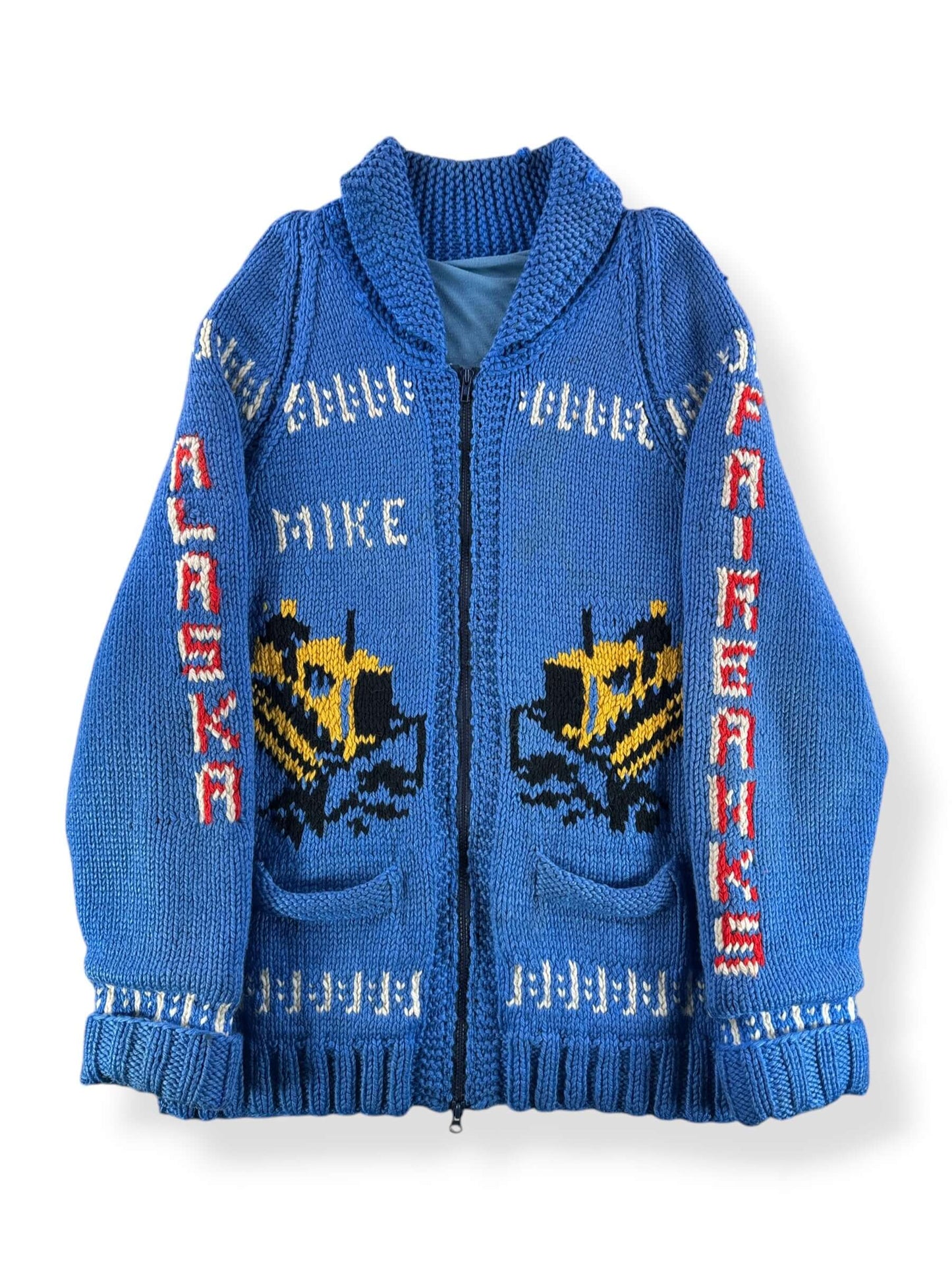 Front of Vintage Fairbanks Alaska Bulldozer Cowichan Style Sweater SZ L