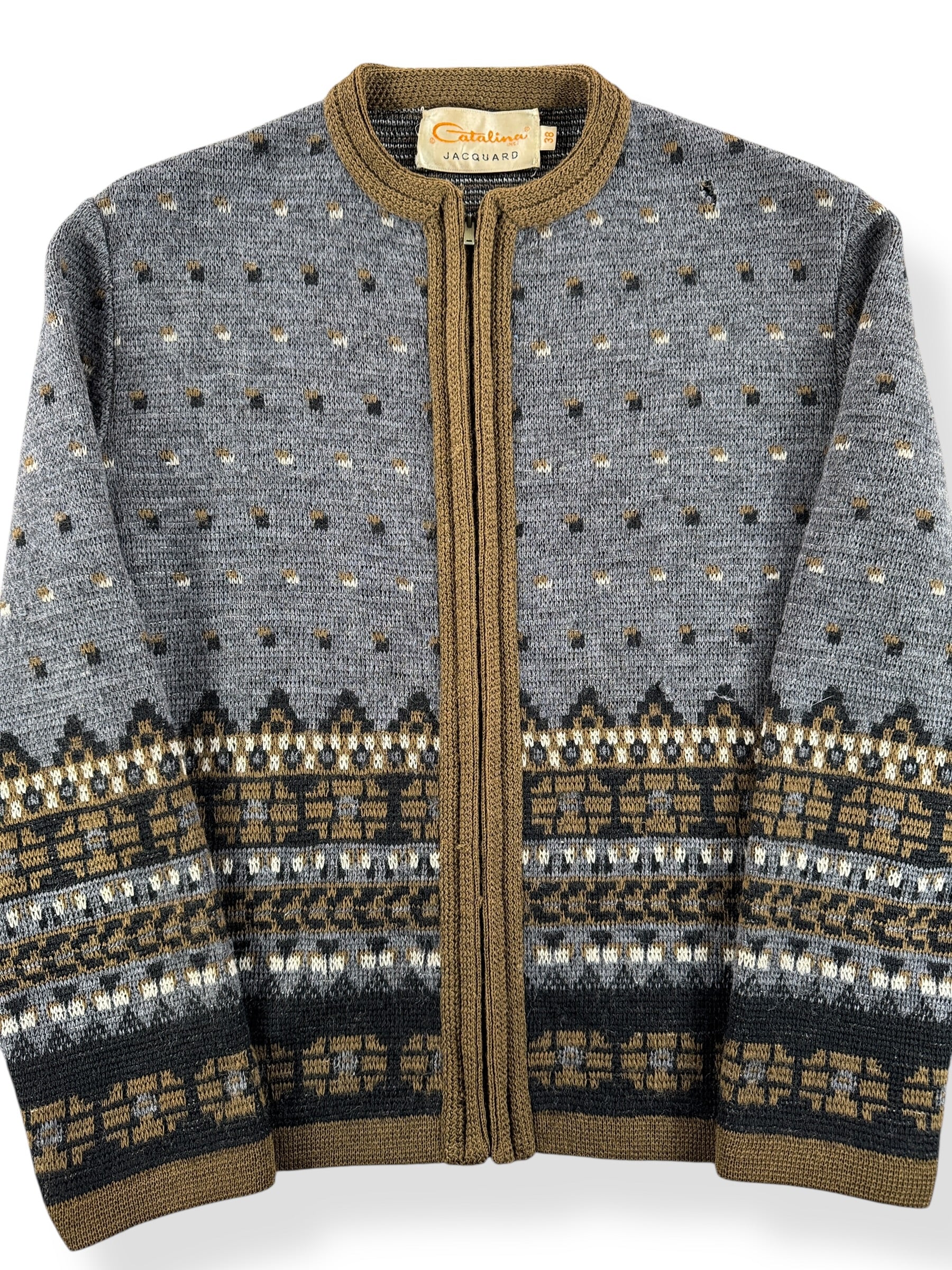 Front Close Up of Vintage Catalina Jacquard Zip Up Sweater SZ 38