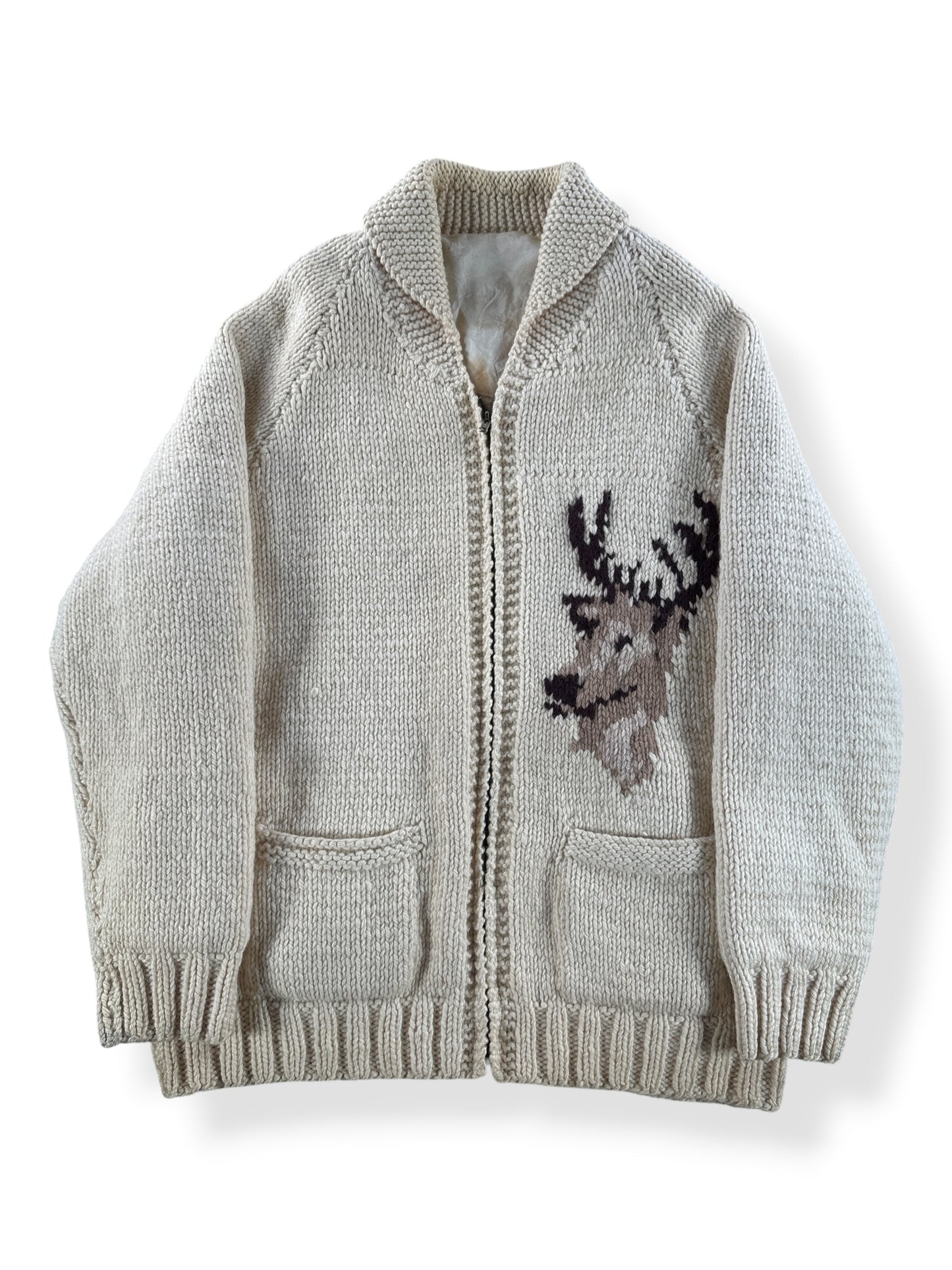Front Close Up of Vintage Deer Cowichan Style Sweater SZ L