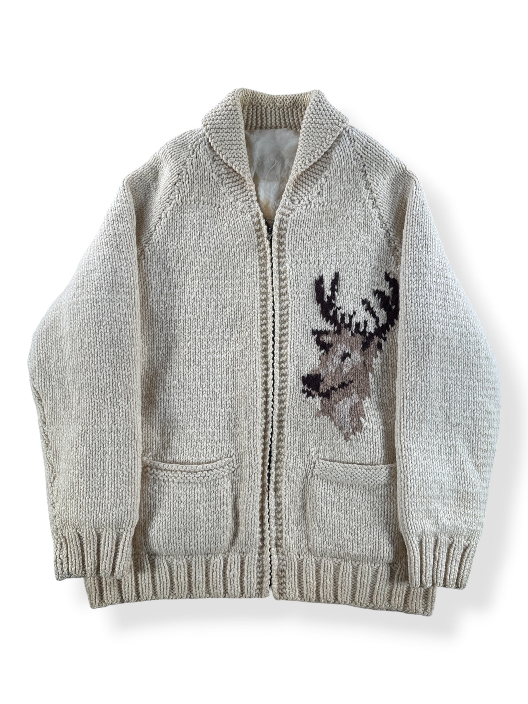 Front Close Up of Vintage Deer Cowichan Style Sweater SZ L