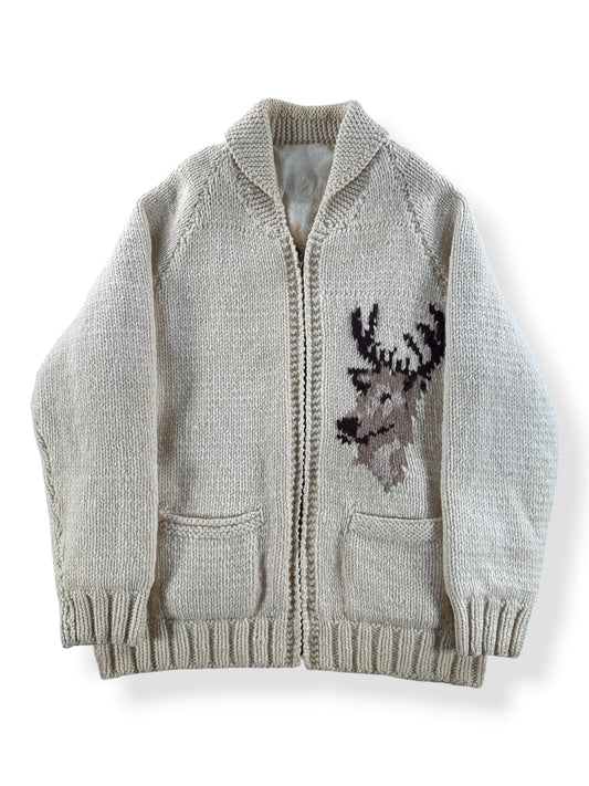 Front Close Up of Vintage Deer Cowichan Style Sweater SZ L
