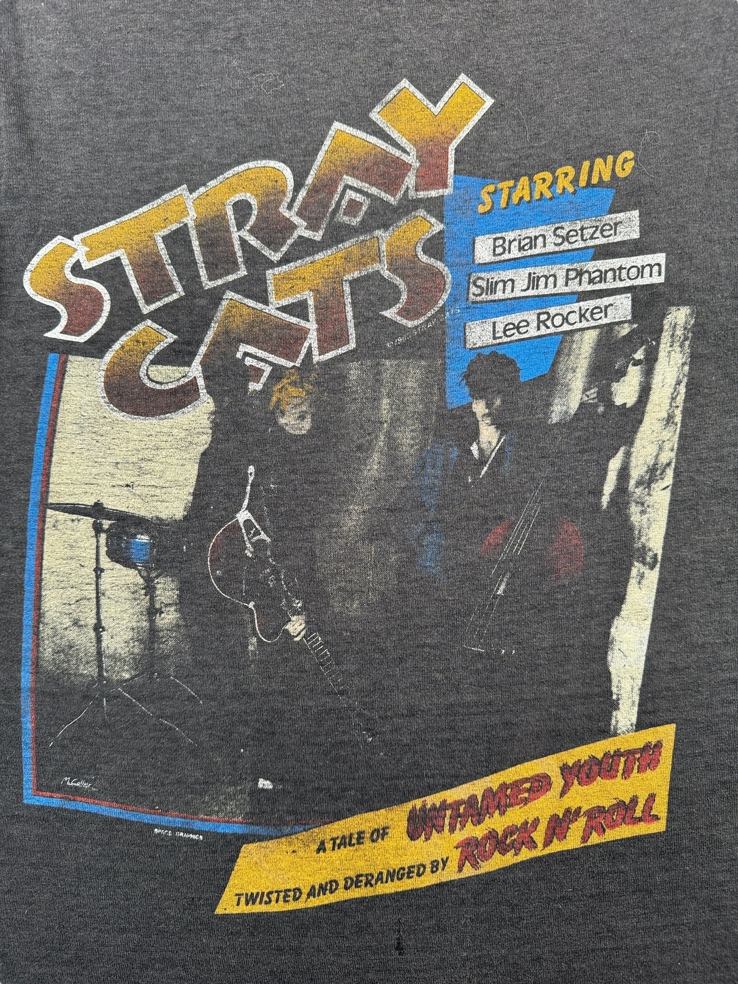Front Graphic of Vintage 1983 Stray Cats Struttin Across America Tour Tee SZ M