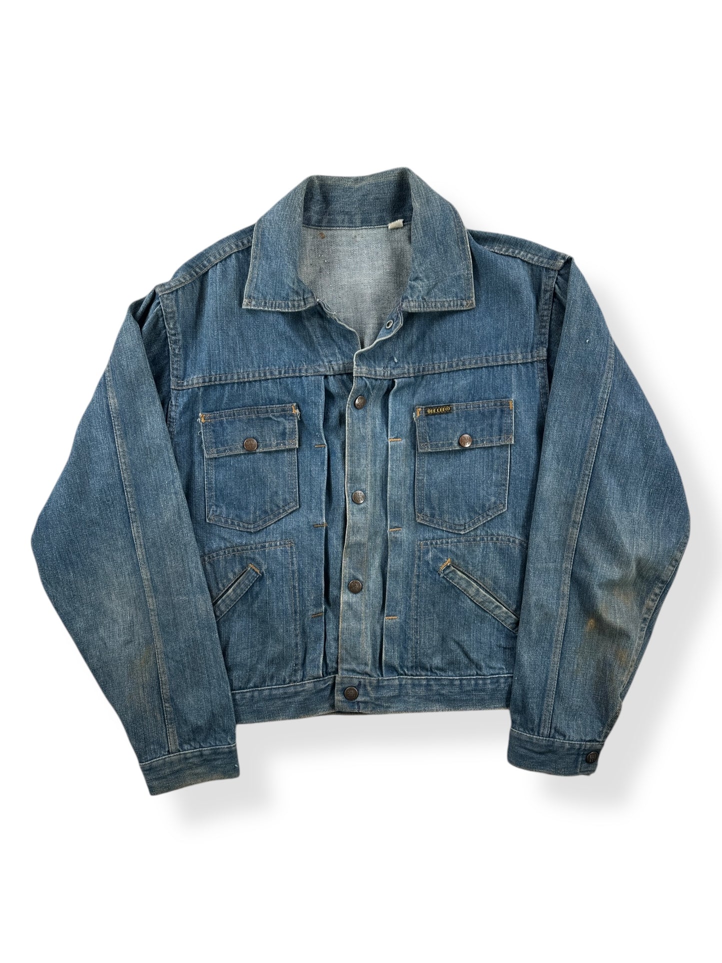 Front of Vintage Dee Cee Dark Wash Pleated Denim Jacket SZ 40