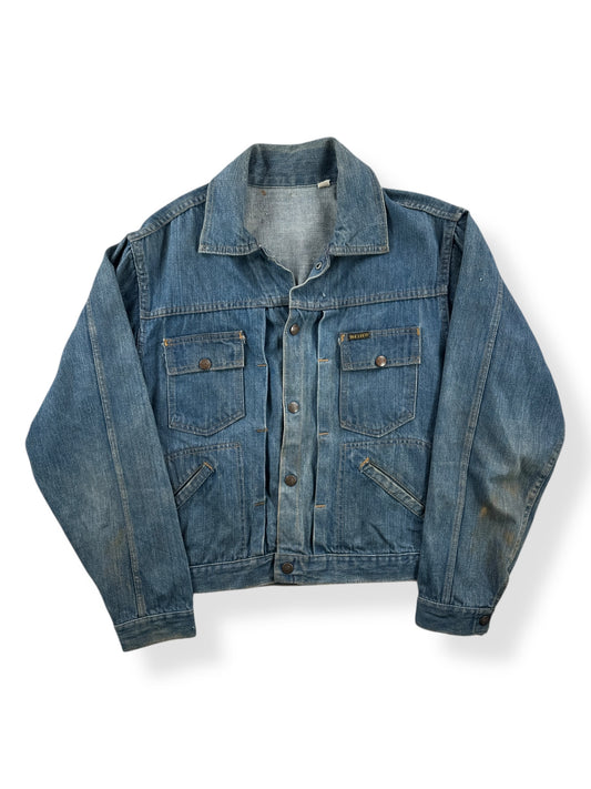 Front of Vintage Dee Cee Dark Wash Pleated Denim Jacket SZ 40