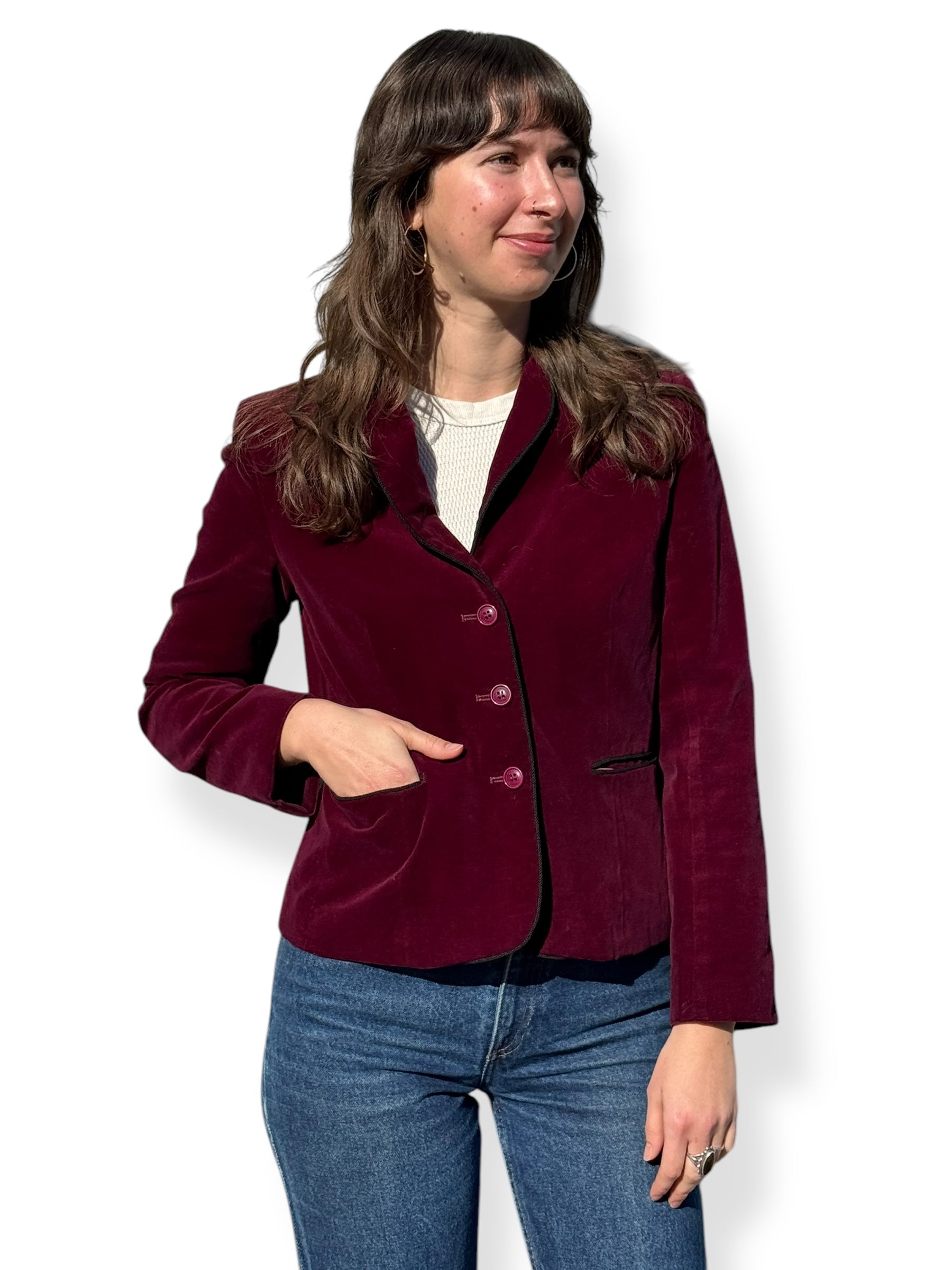 Front view of 1980s Burgundy Velvet Nordstrom Blazer M