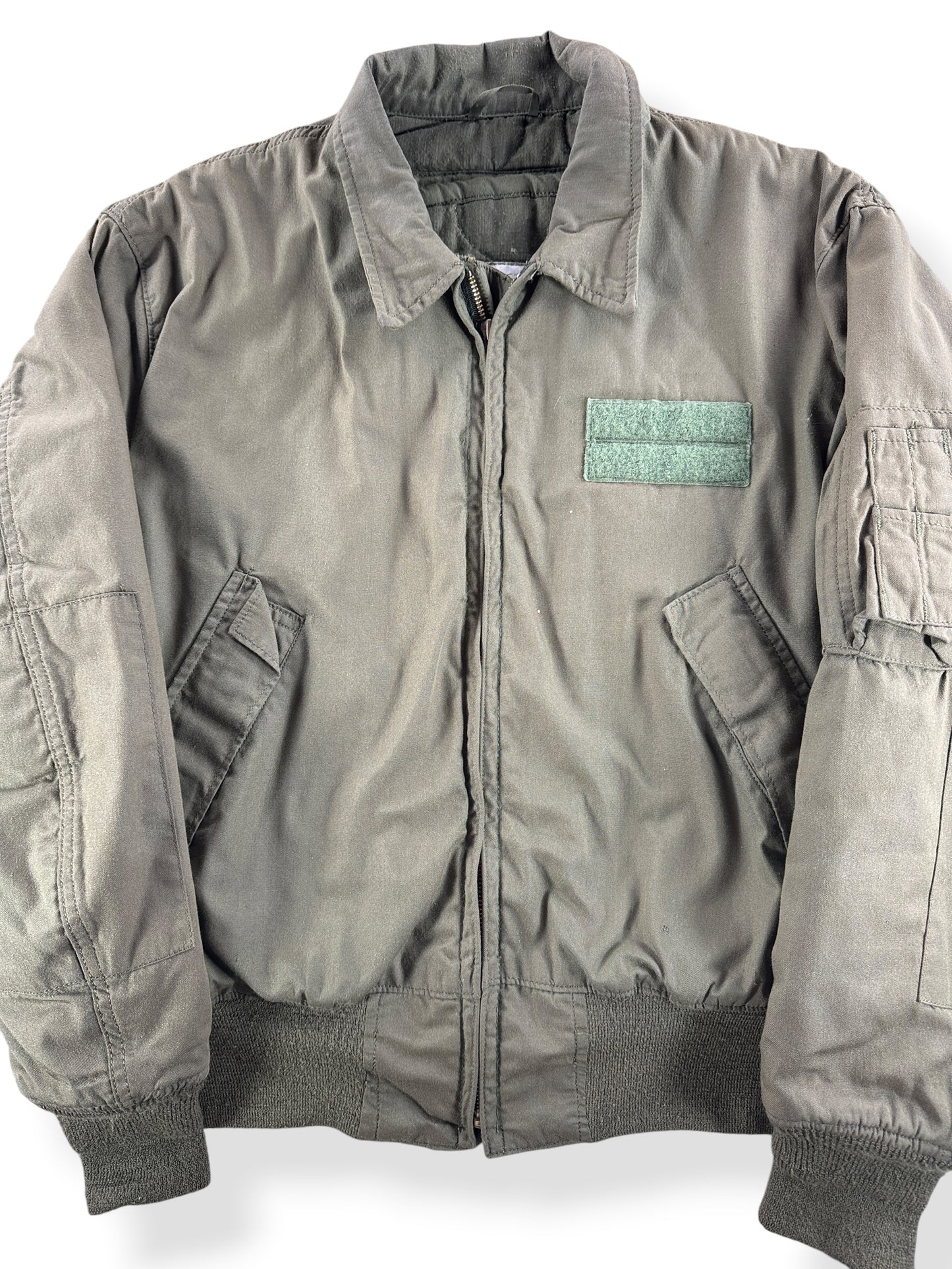 Front Close Up of Vintage 80s Military Cold Weather Bomber Jacket SZ L (Fits M)