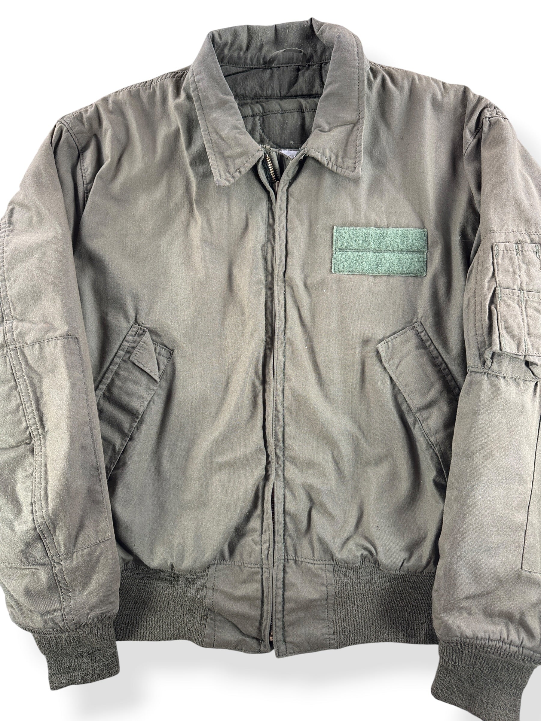 Front Close Up of Vintage 80s Military Cold Weather Bomber Jacket SZ L (Fits M)