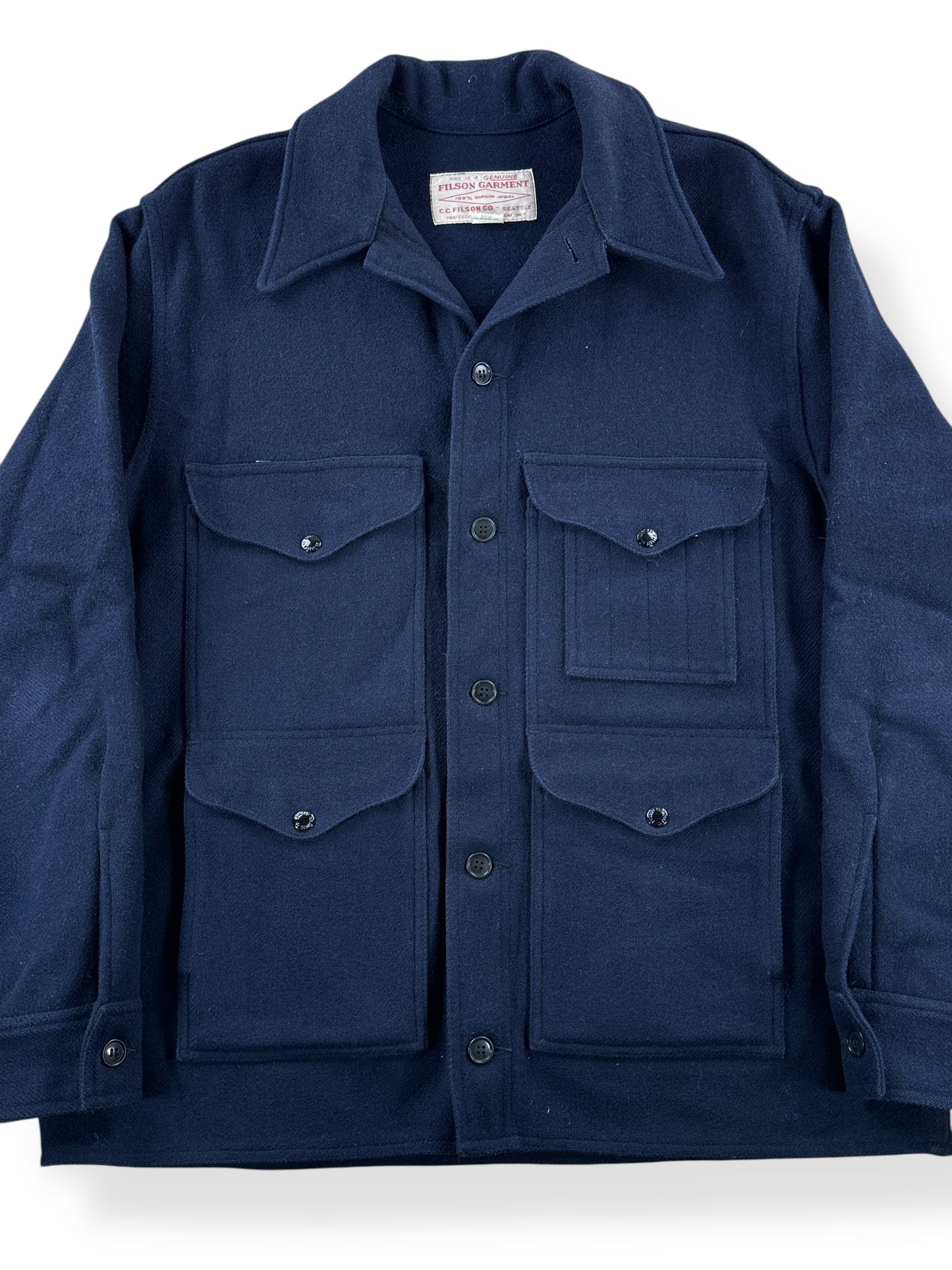 Front Close Up of Vintage 90s Era Navy Filson Cruiser Jacket SZ 46