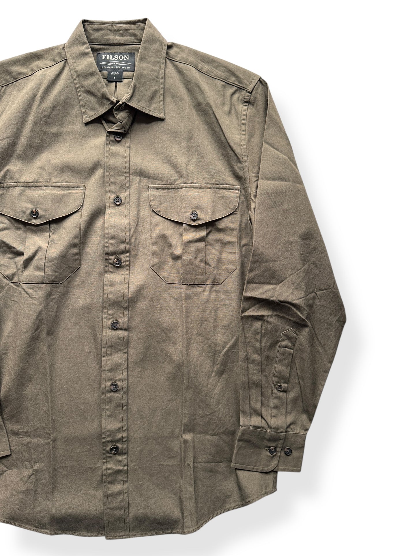 Front Left of Filson Lightweight Olive Green Shirt SZ S