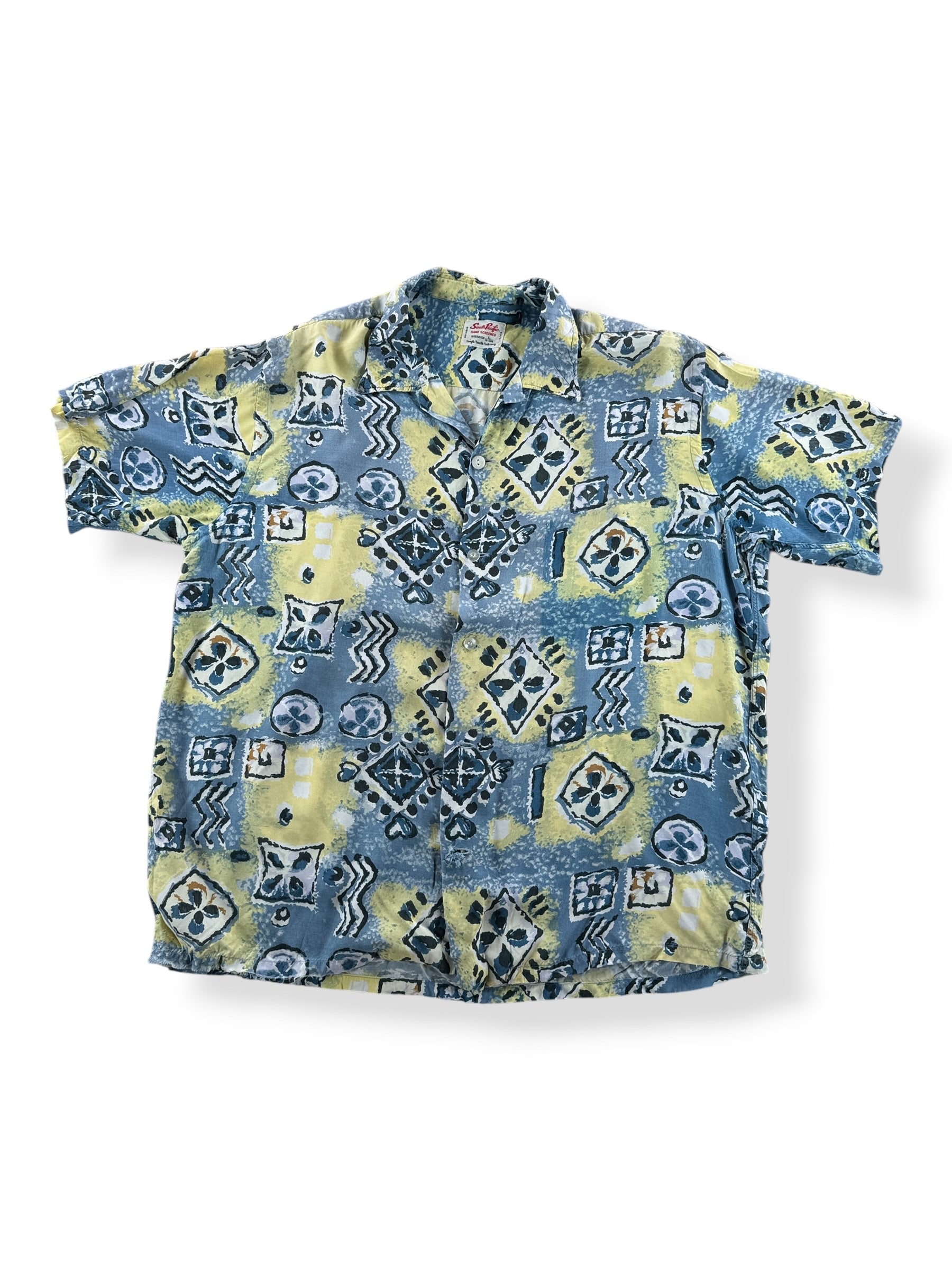 Front of Vintage South Pacific Rayon Thrasher Aloha Shirt SZ L