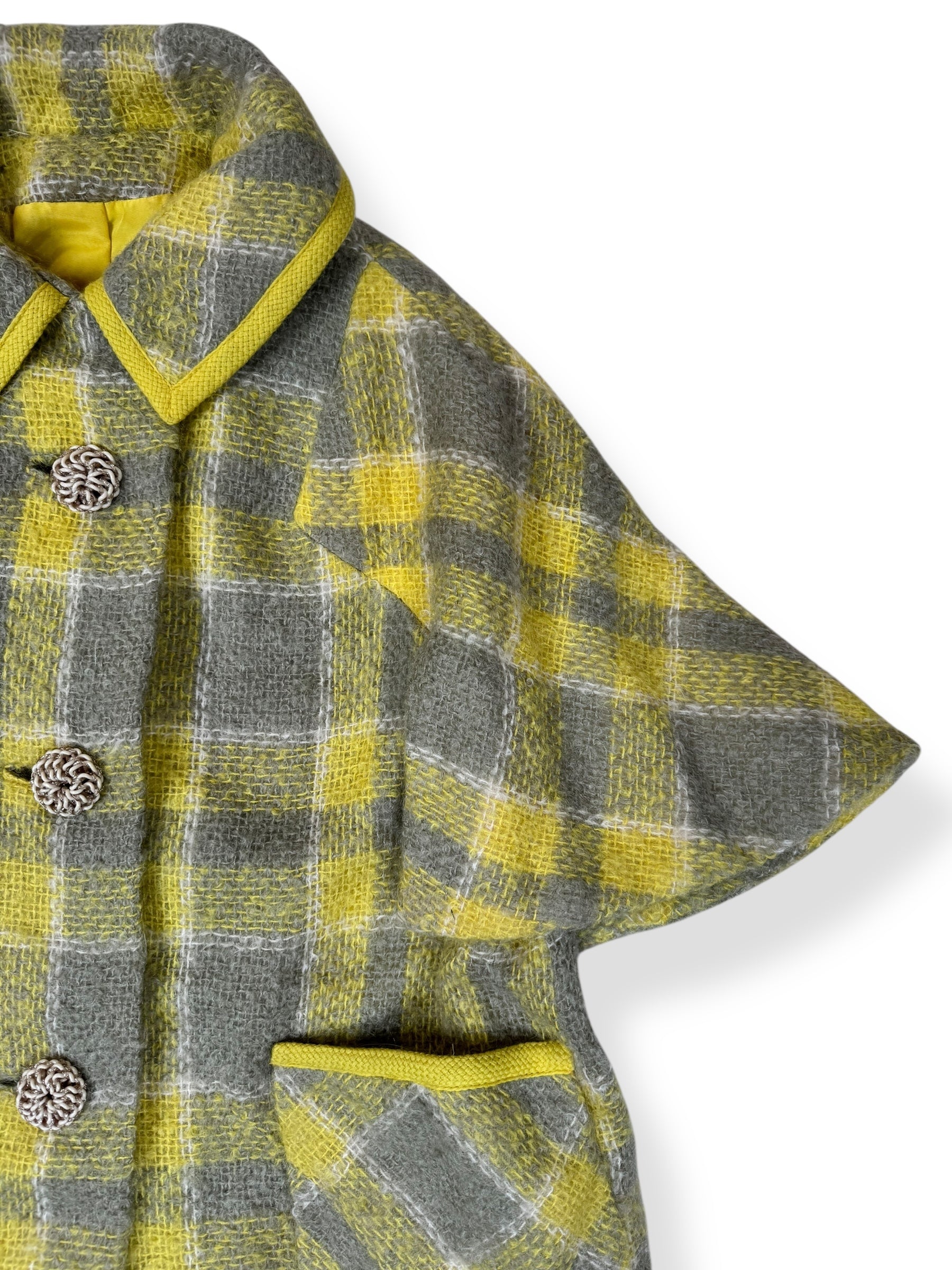 Front left arm of 1960s Yellow/Gray Mohair Capelet Coat L