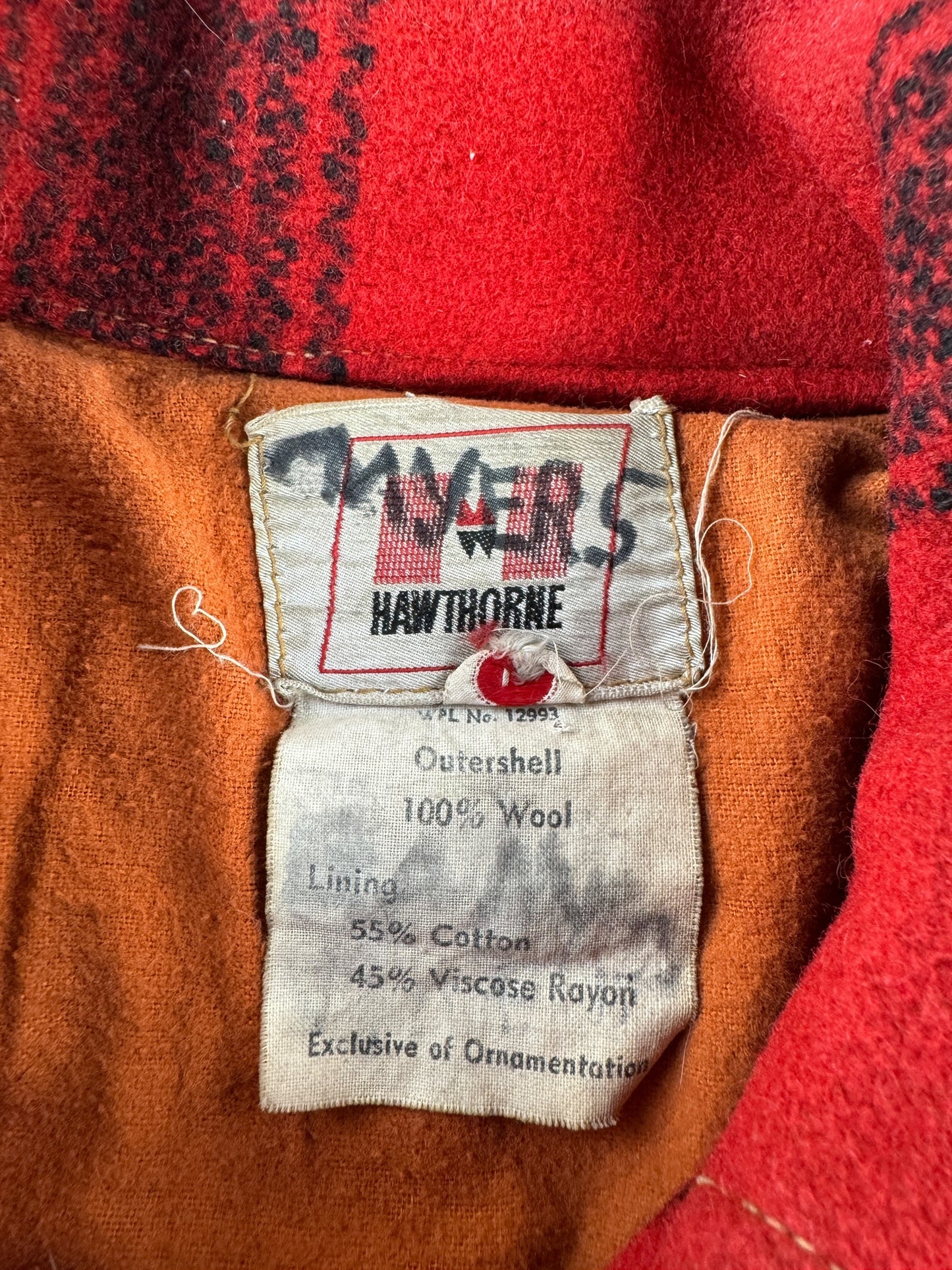 Label on Vintage 60s Hawthorne Buffalo Plaid Coat SZ L