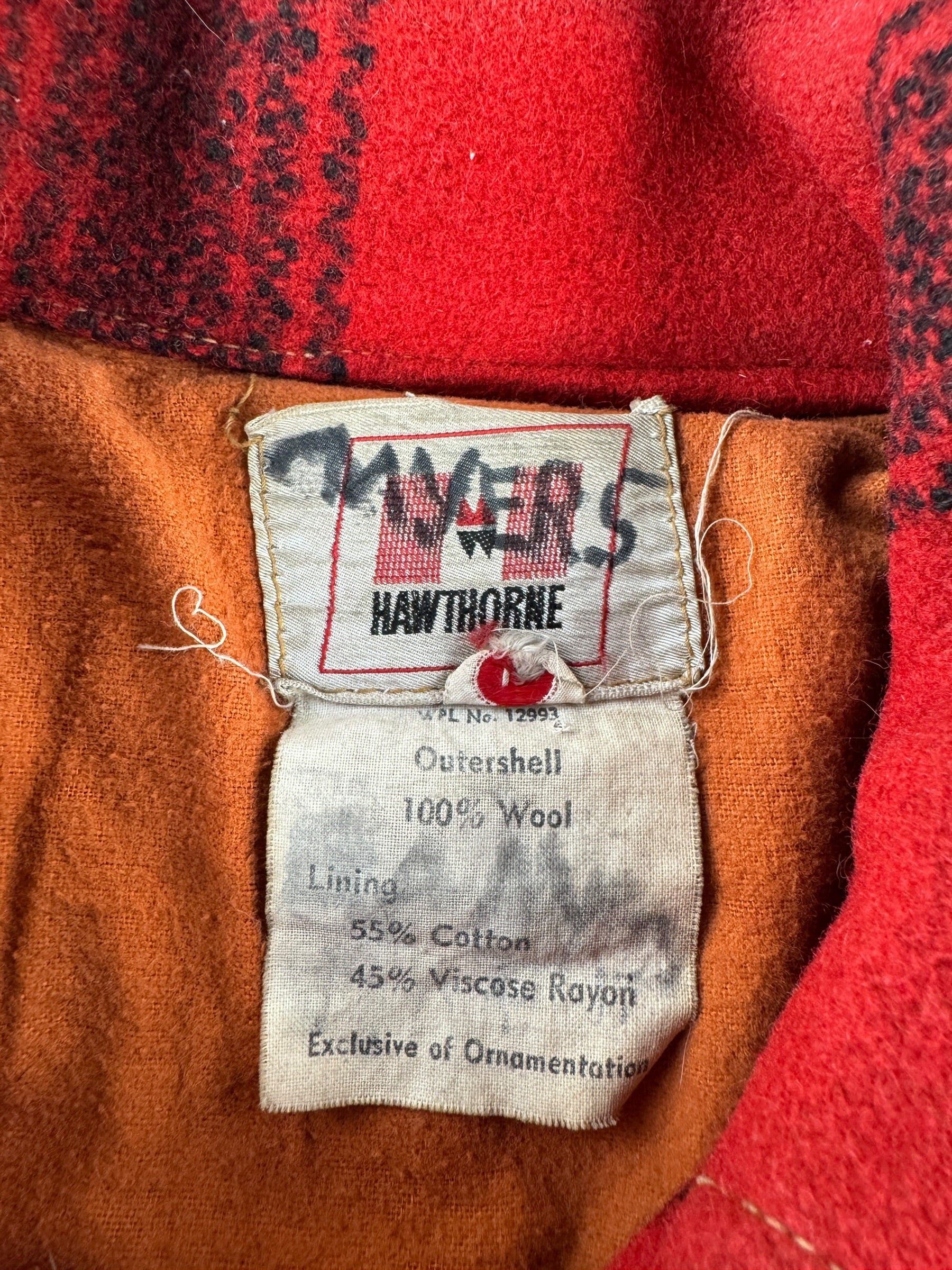 Label on Vintage 60s Hawthorne Buffalo Plaid Coat SZ L