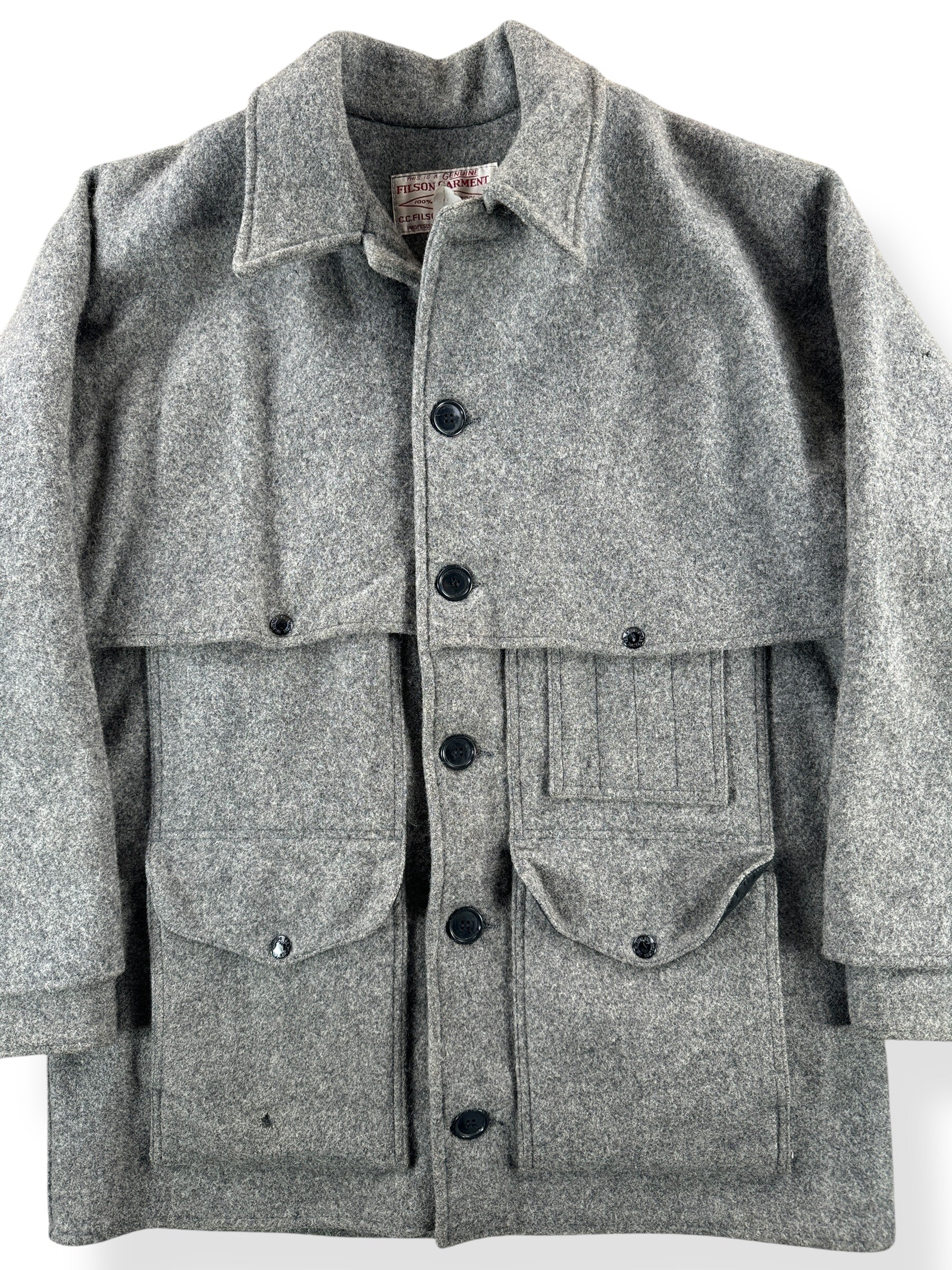 Front Close Up of Vintage Filson Grey Double Mackinaw Cruiser SZ 44