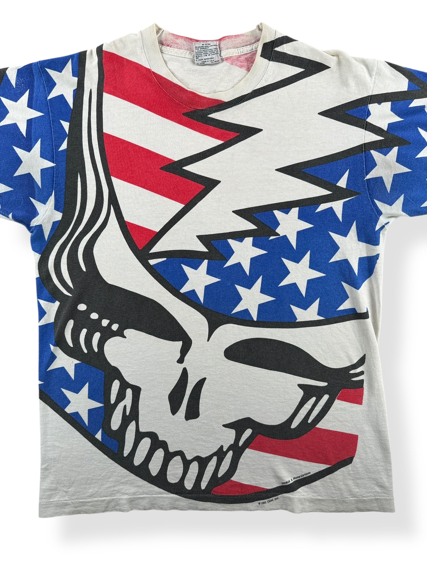 Front Close Up of Vintage Grateful Dead 1993 Summer Tour Stealie Liquid Blue AOP Tee SZ L