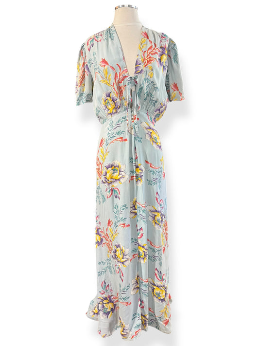 Front view of 1940s Rayon Floral Dress M-L