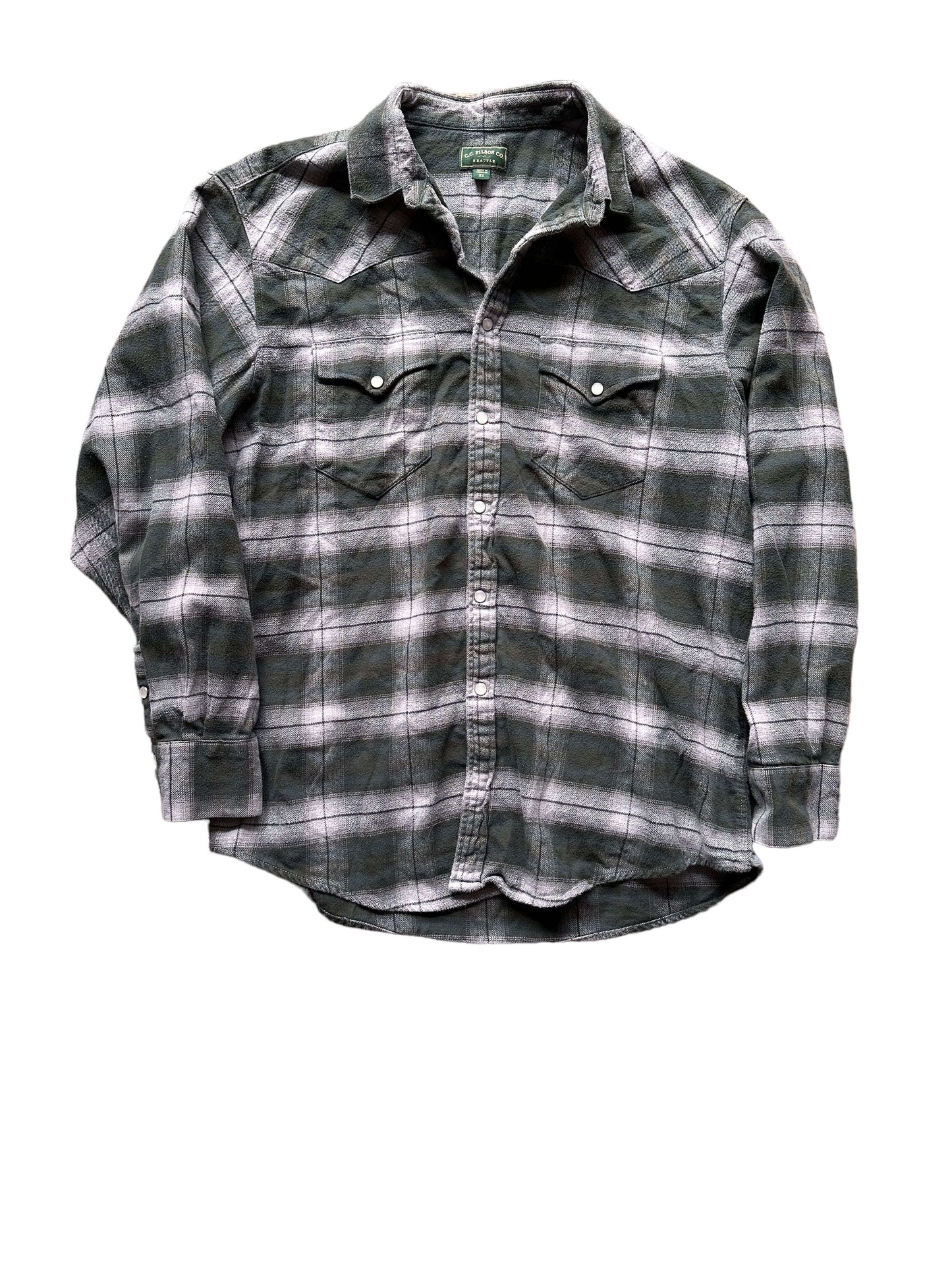 Front View of Filson Green Label Pearl Snap SZ XL |  Barn Owl Vintage Goods | Vintage Filson Workwear Seattle