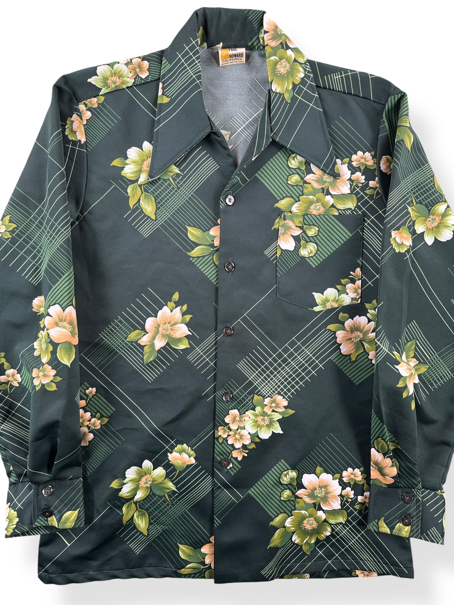Front Close Up of Vintage Paul Howard Floral Disco Shirt SZ M