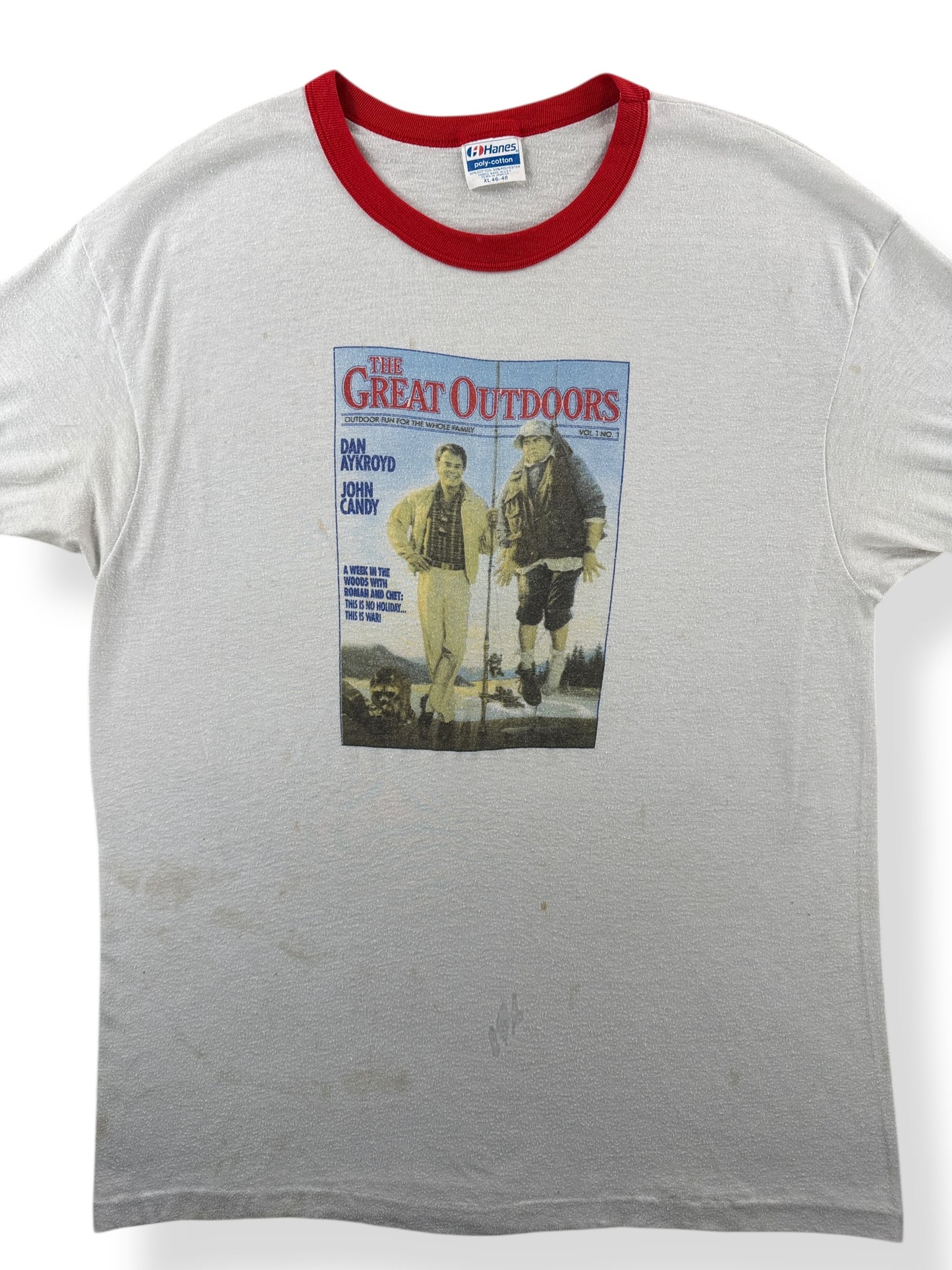 Front Close Up of Vintage John Candy Great Outdoors Movie Ringer Tee SZ XL (Fits L)