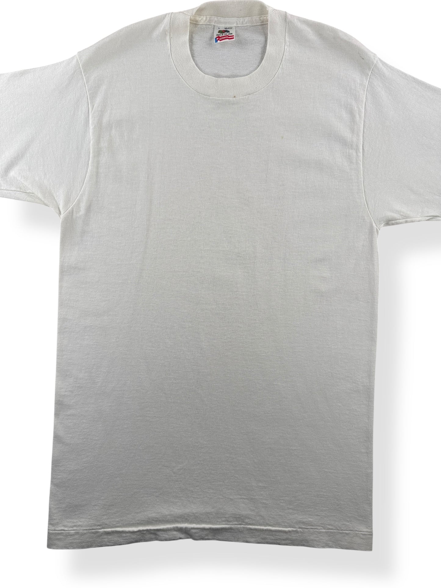 Front Close Up of Vintage 100% Cotton Fruit Of The Loom Blank White Tee SZ L (Fits M)