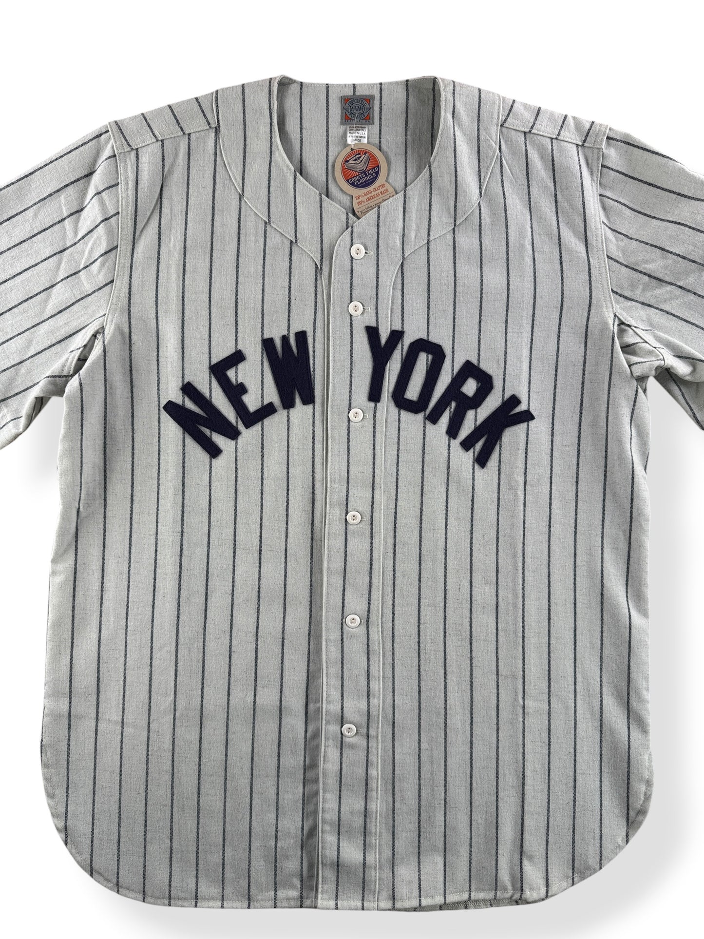 Close up of front on Deadstock EFF New York Baseball Jersey