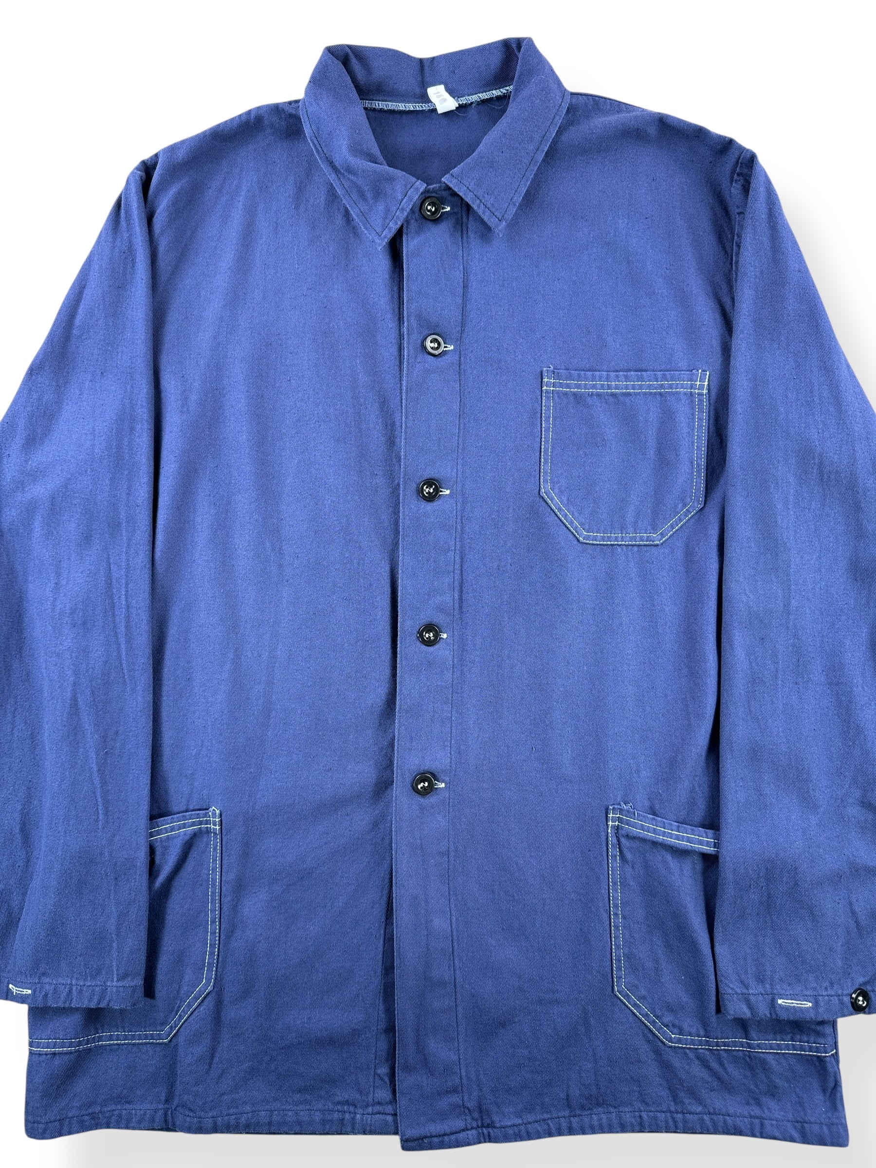 Front Close Up of Vintage Contrast Stitch French Chore Coat SZ XL