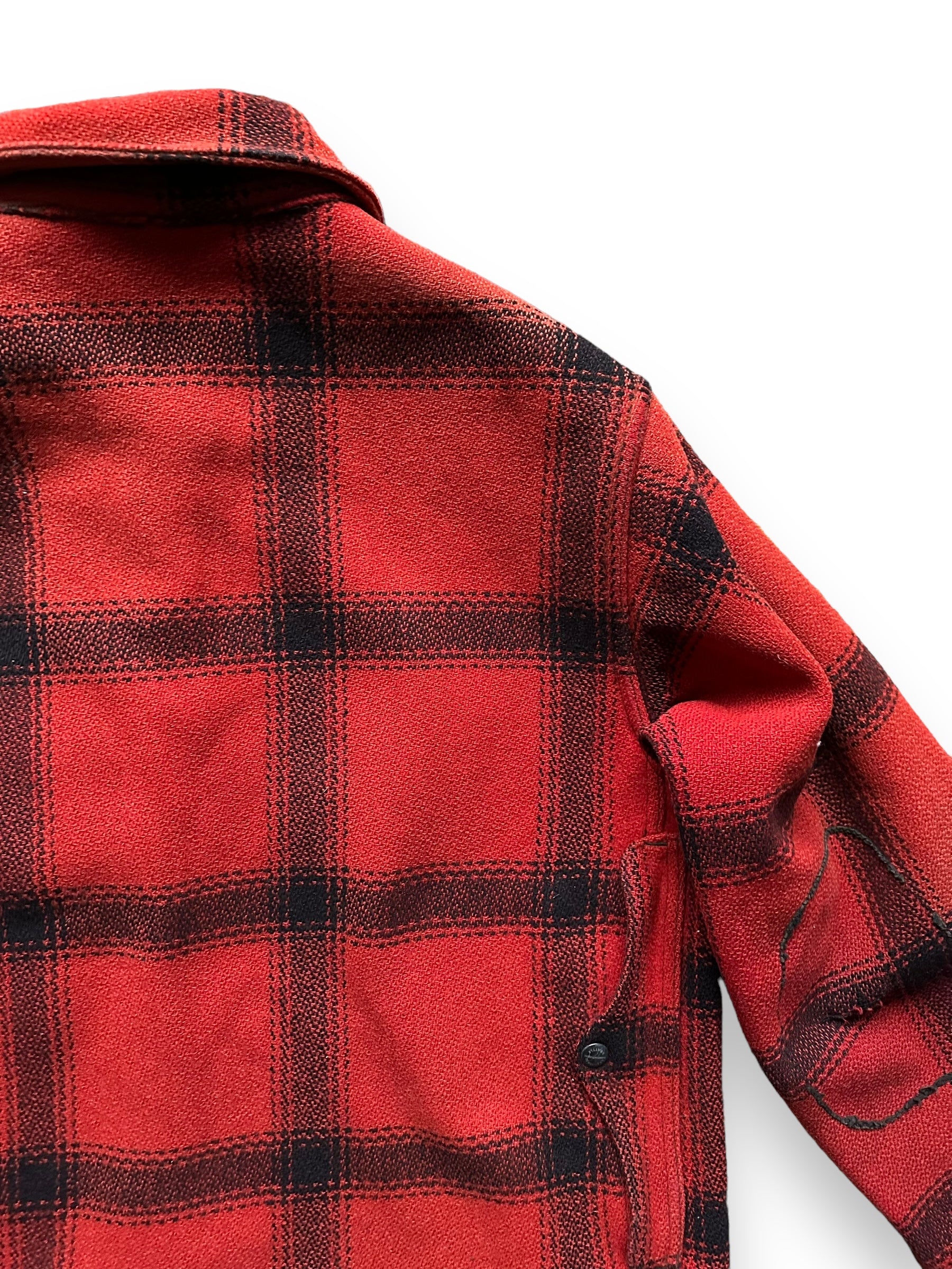 Rear RIght Shoulder View of Vintage 75% Red Filson Hunter Wool Jacket SZ 44 | Vintage Filson Workwear Seattle | Vintage Workwear Seattle