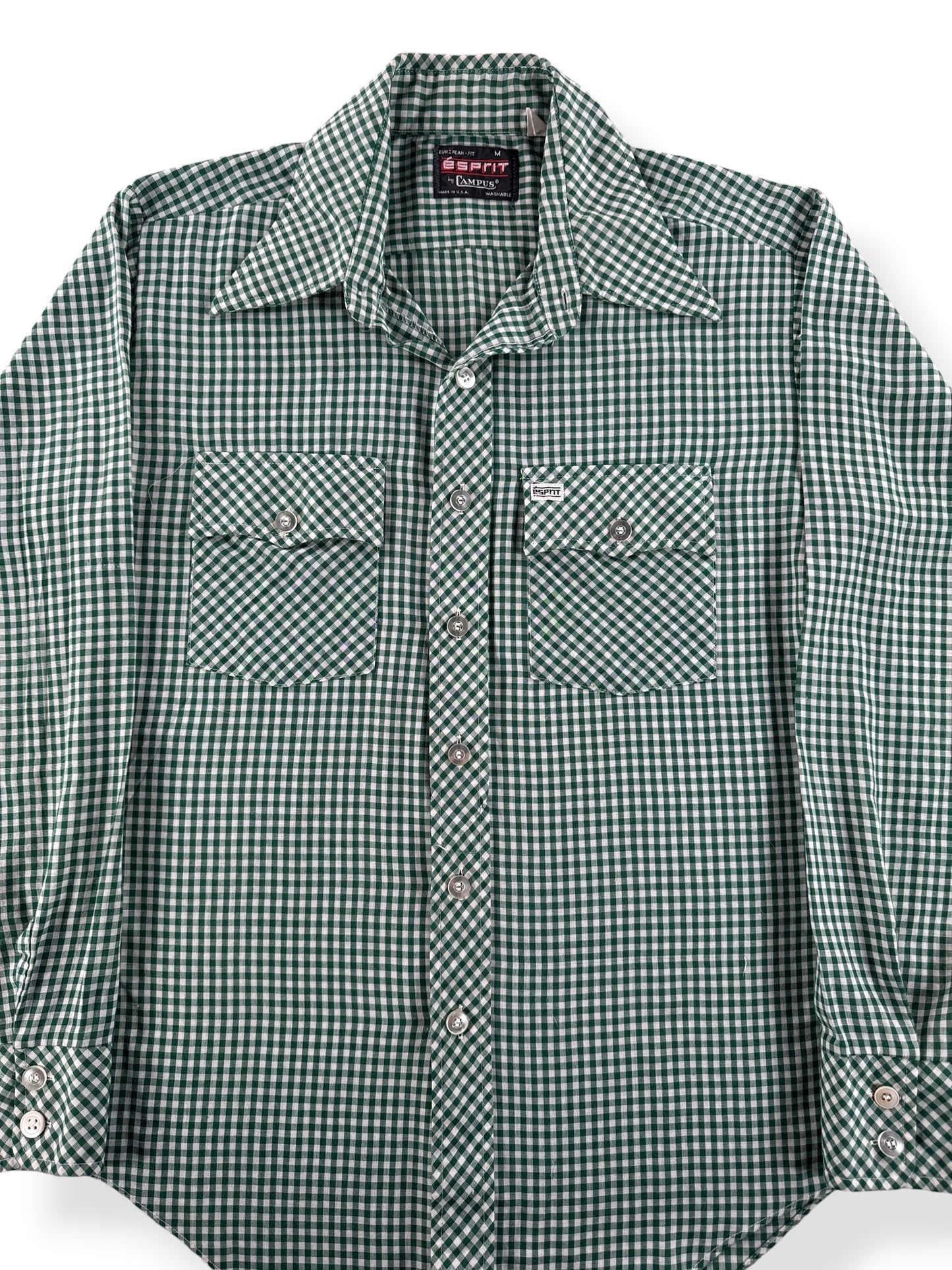 Front Close Up of Vintage Espirit Green and White Gingham Shirt SZ M (Fits S)
