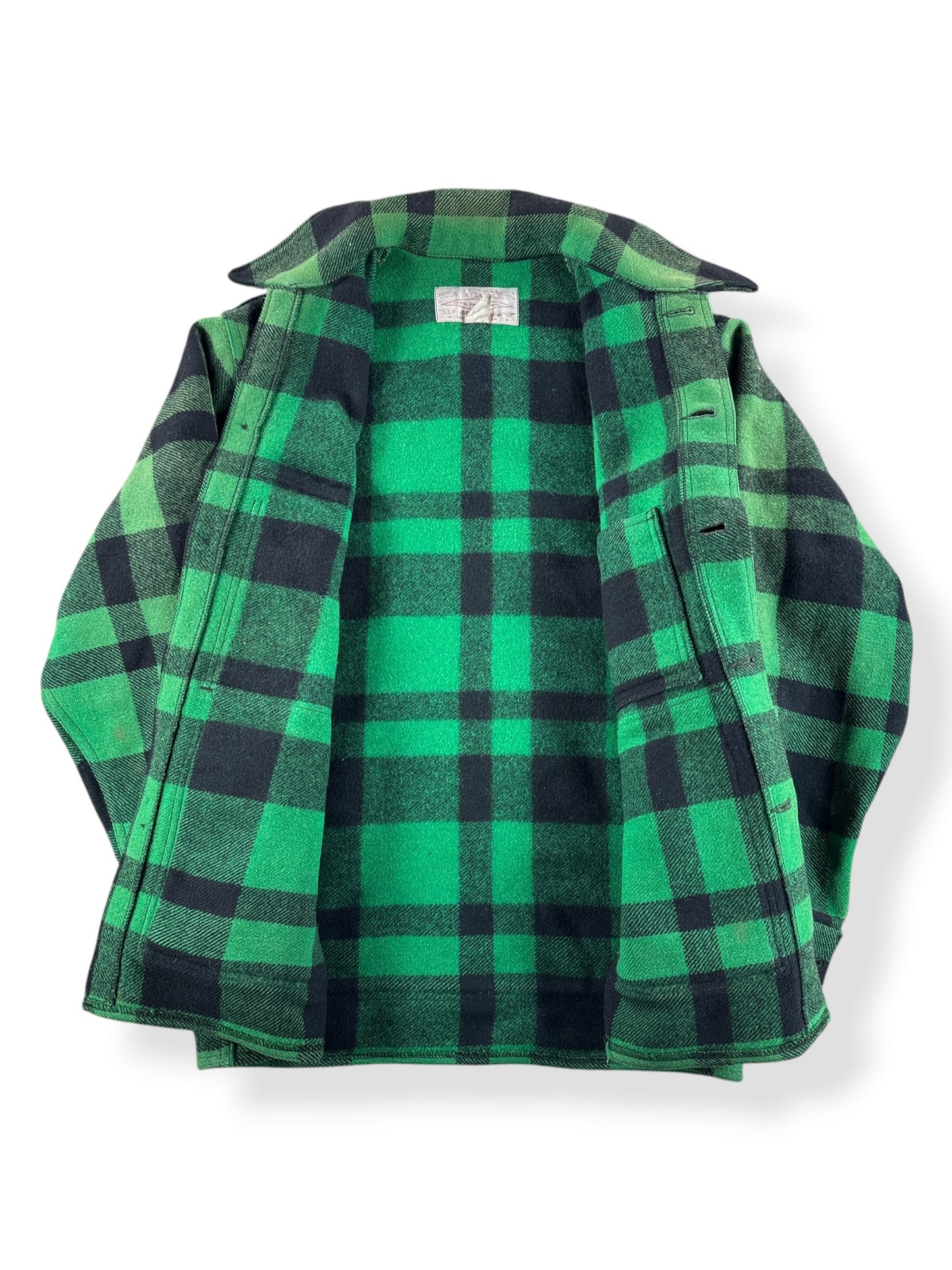 Inside of Vintage Filson Green & Black Mackinaw Cruiser SZ 42
